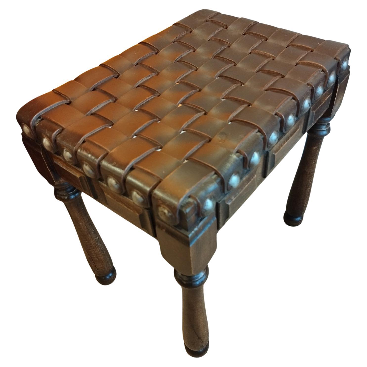 Woven leather stool For Sale