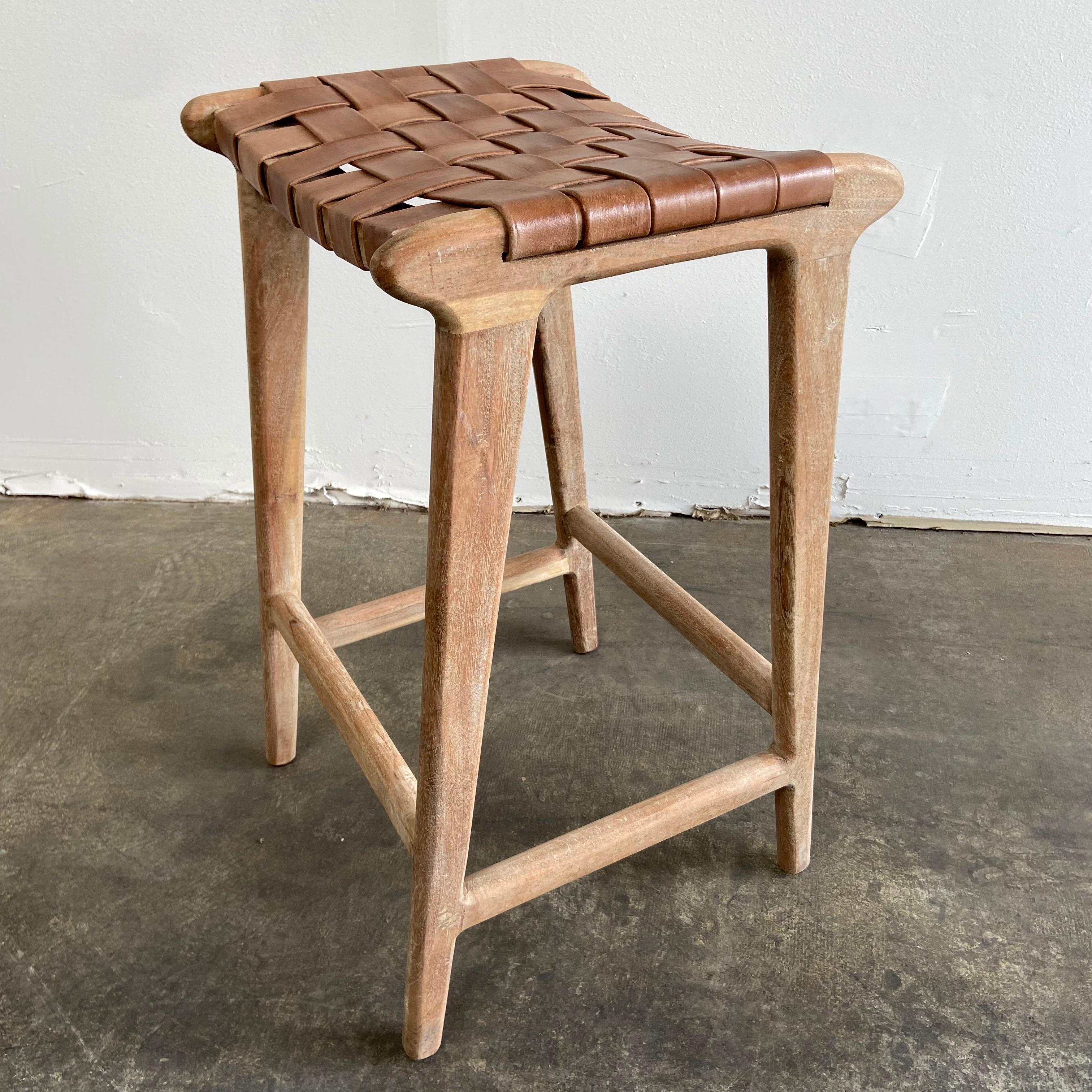 Wood Woven Leather Strap Counter Stools 