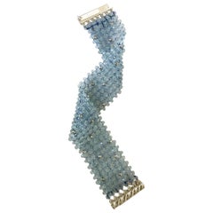 Woven Light Aquamarine Cuff Bracelet with Sterling Silver Beads and Clasp