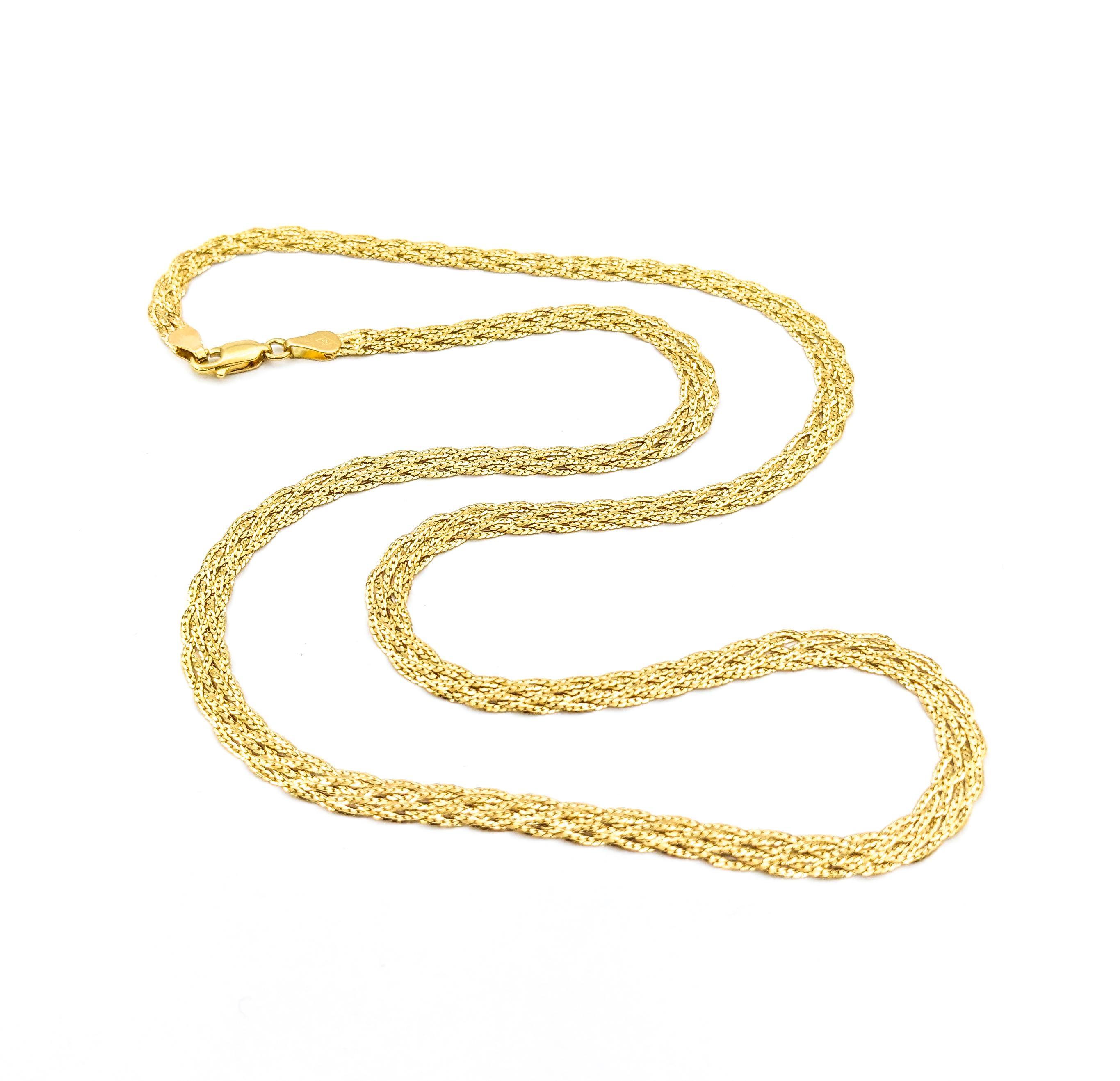 Woven Link Necklace In Yellow Gold


Discover the classic elegance of our Gold Fashion Necklace, crafted in lustrous 14kt yellow gold. This exquisite piece features a sophisticated woven link design, offering both style and durability. Measuring 21