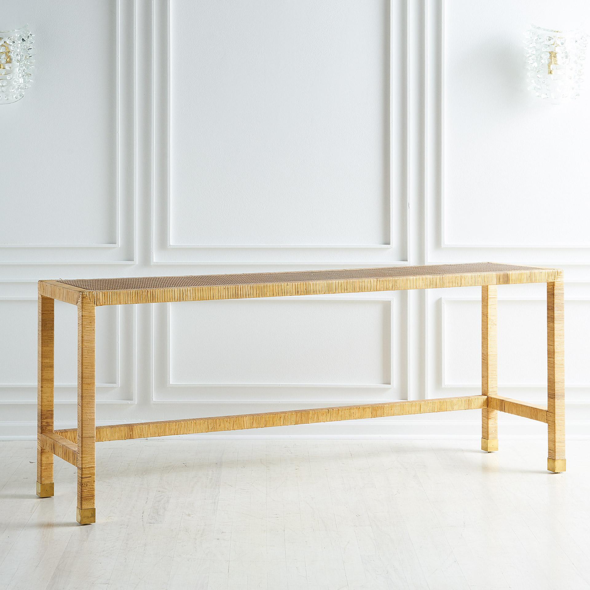Brass Woven Long Rattan Console Table