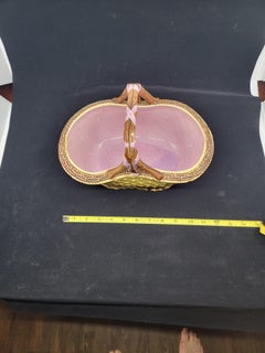 Woven Majolica Basket with Bamboo and Ribbon Handle and Pink Interior