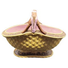 Antique Woven Majolica Basket with Bamboo and Ribbon Handle and Pink Interior