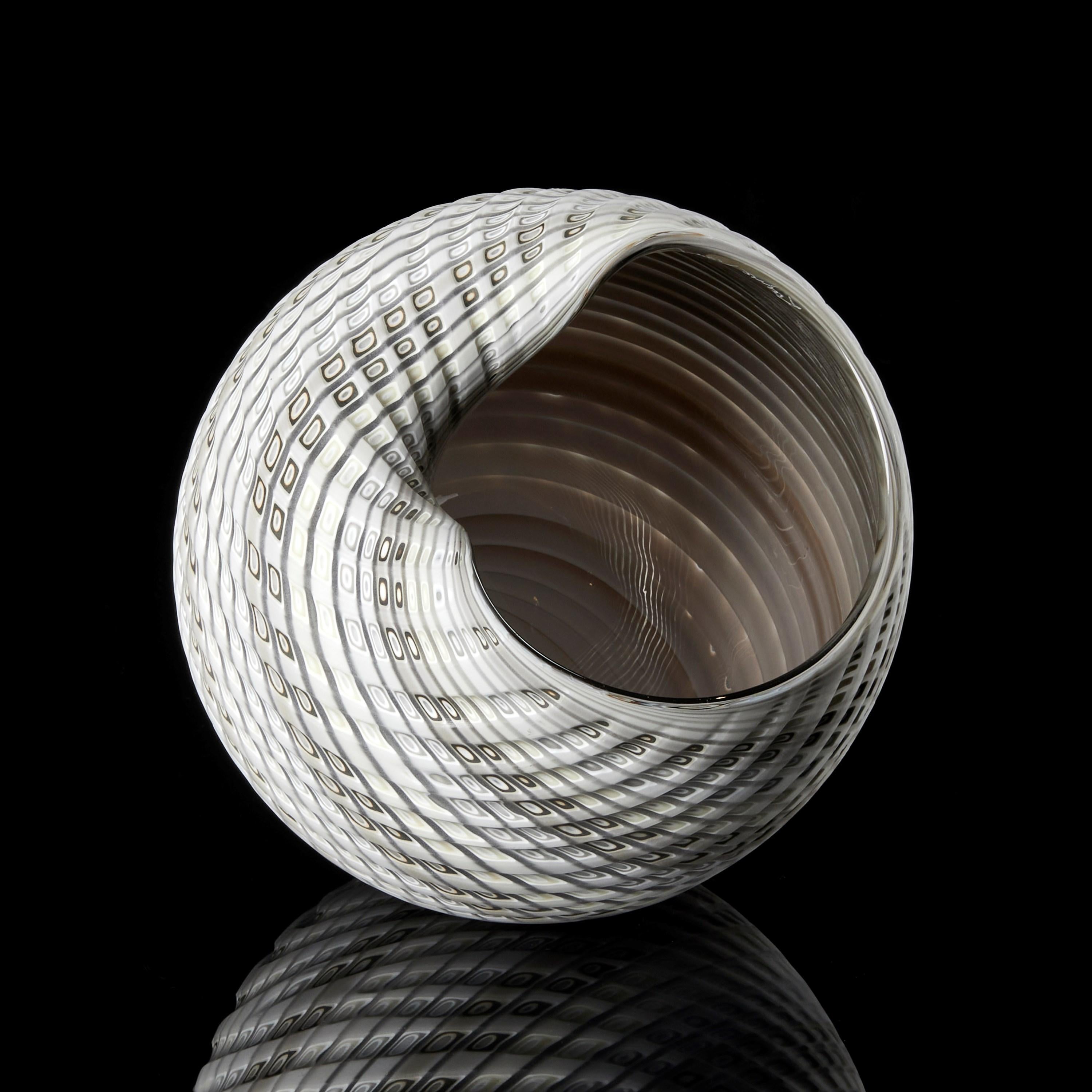 British Woven Mandala (Lg I), grey, cream & bronze glass sculptural vessel by Layne Rowe For Sale