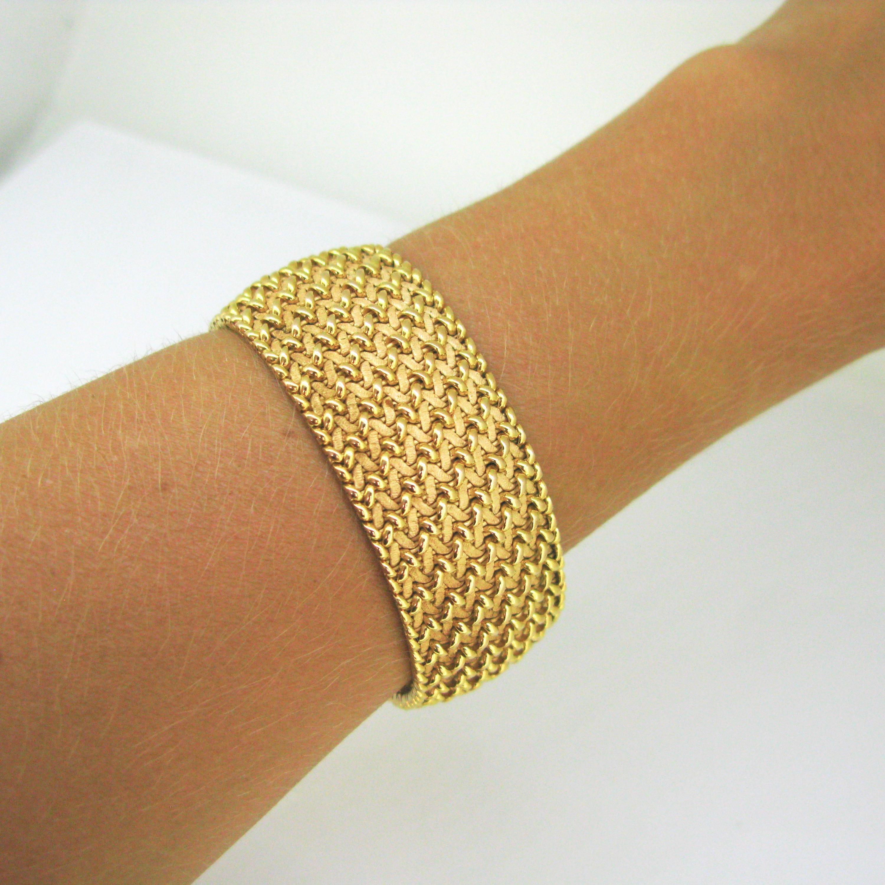 Women's or Men's Woven Mesh Large Textured Yellow Gold Cuff Bracelet