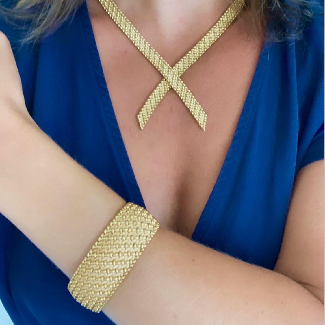 Woven Mesh Large Textured Yellow Gold Cuff Bracelet 4