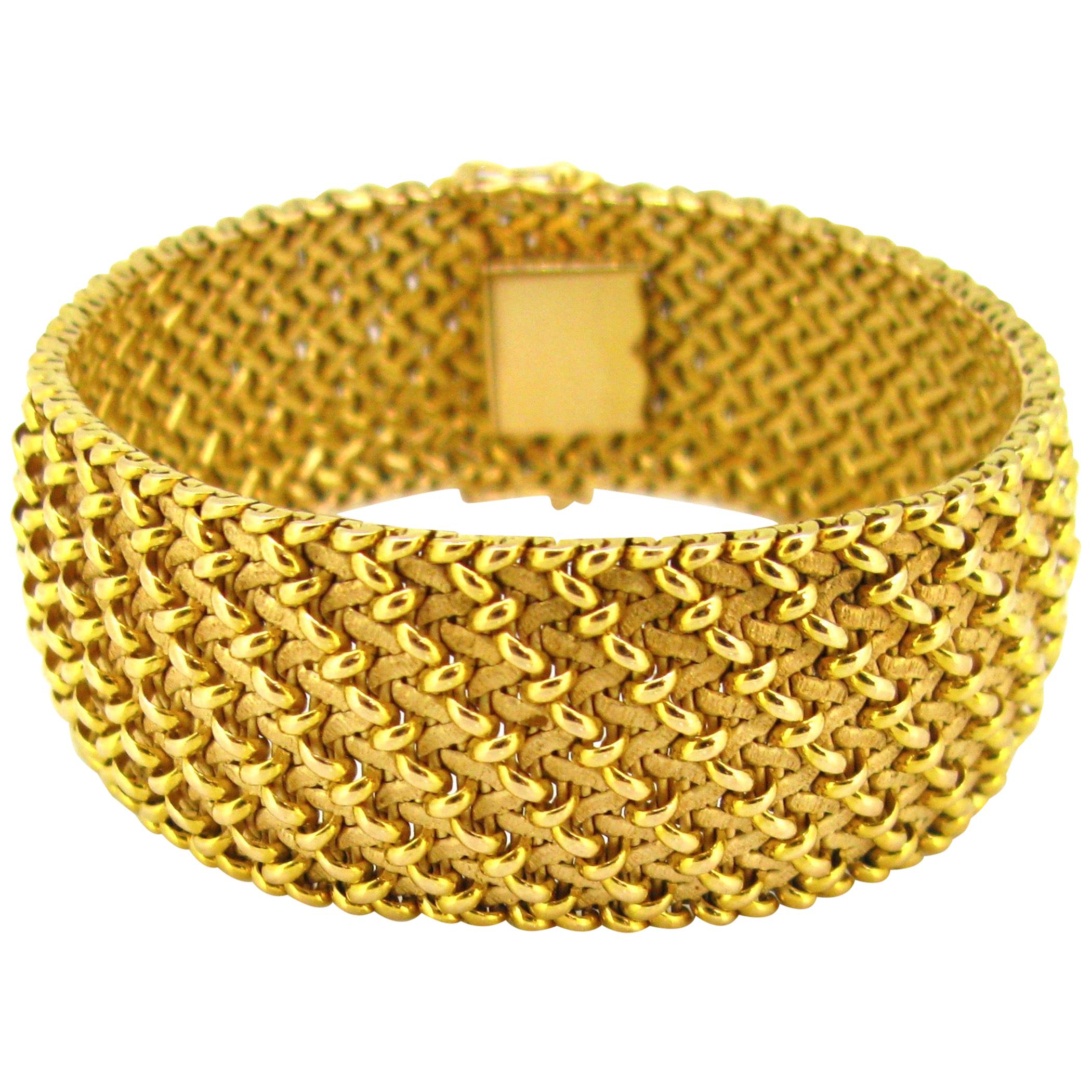 Woven Mesh Large Textured Yellow Gold Cuff Bracelet