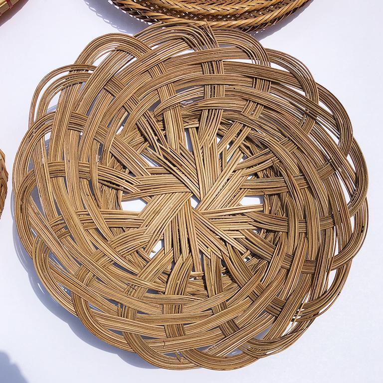 Woven Natural Chinoiserie Bamboo Cane Rattan Baskets Gallery Wall or Table Decor For Sale at 1stdibs