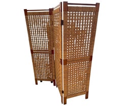 Woven Palm and Pine Folding Screen Room Divider