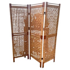 Woven Palm and Pine Folding Screen Room Divider