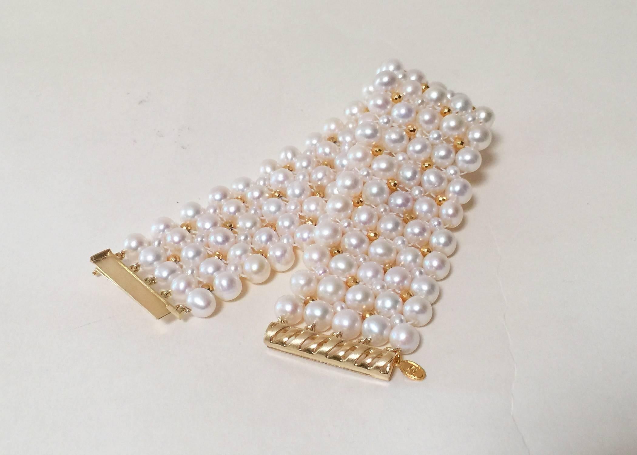 Marina J. Woven Pearl Bracelet with Gold plated Sterling Silver Beads, Clasp  In New Condition In Los Angeles, CA