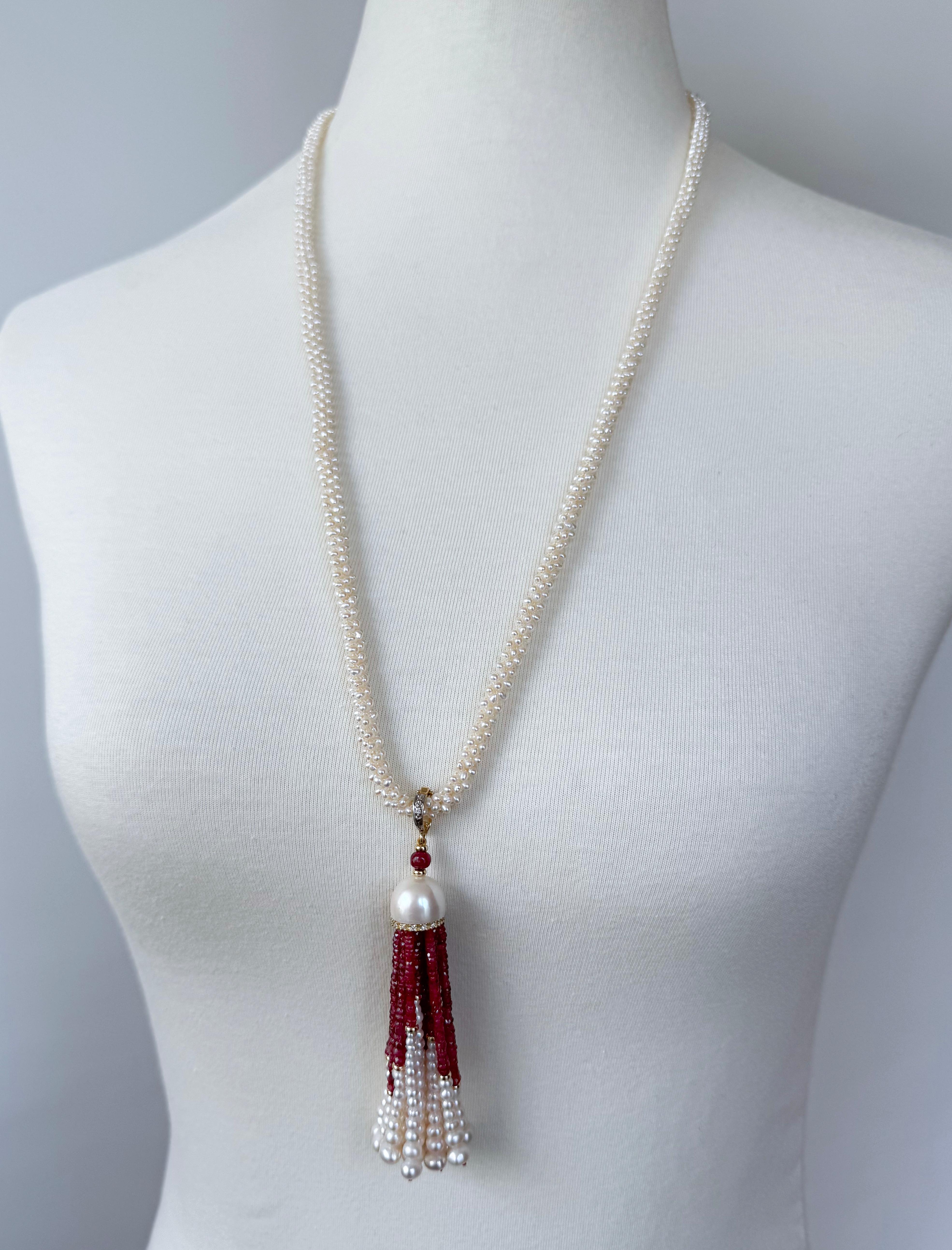 Marina J Geflochtenes Perlen-Sautoir mit Rubin, Diamant und massiver Quaste aus 14k Gelbgold (Kunsthandwerker*in) im Angebot