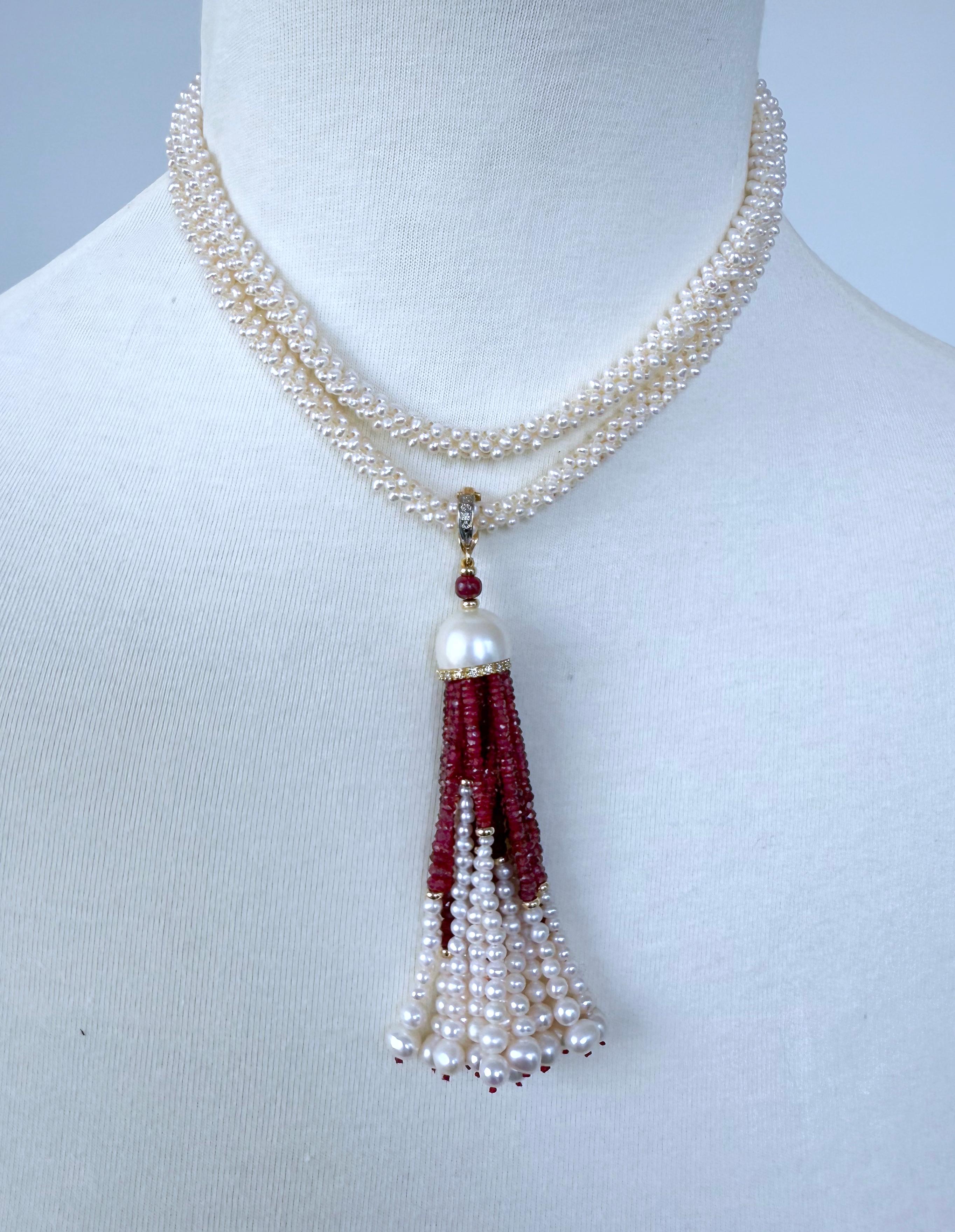 Marina J Geflochtenes Perlen-Sautoir mit Rubin, Diamant und massiver Quaste aus 14k Gelbgold Damen im Angebot