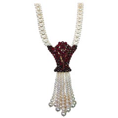 Marina J Long Woven Pearl Sautoir with Vintage Garnet Centerpiece