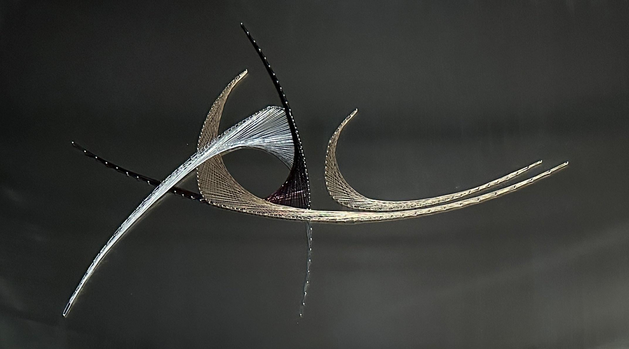 Sculpture murale unique en fil métallique tressé utilisant de l'acier inoxydable et des métaux précieux. Conçue et réalisée par l'artiste Raoul Lametz