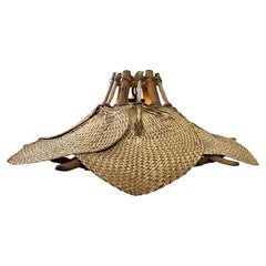Woven Raffia-Fan Pendant Lamp with Glass Shade, 1950s - Ingo Maurer style.