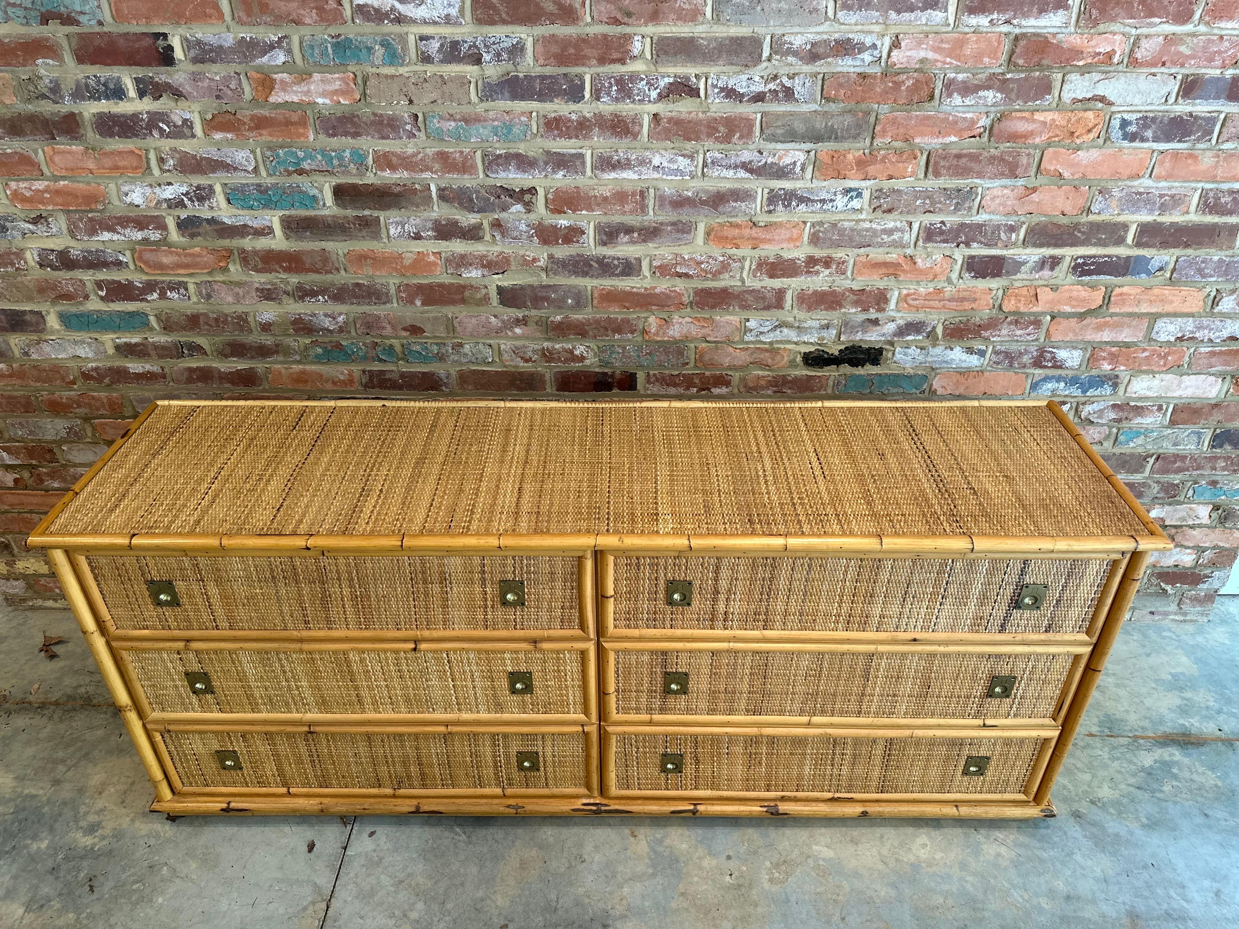 Woven Rattan and Bamboo Dresser with Brass Details from Dal Vera, 1970s 5