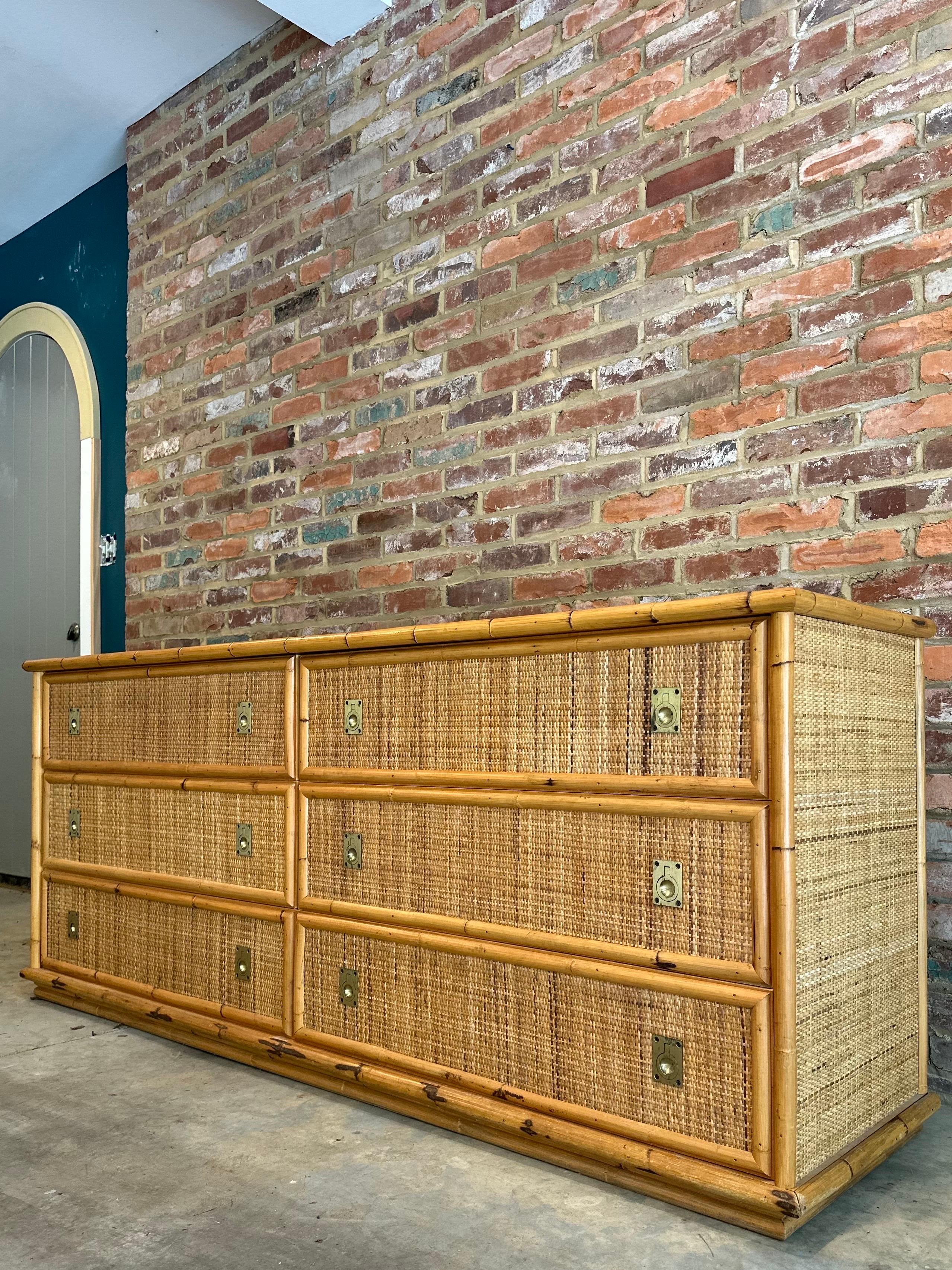 Woven Rattan and Bamboo Dresser with Brass Details from Dal Vera, 1970s 6