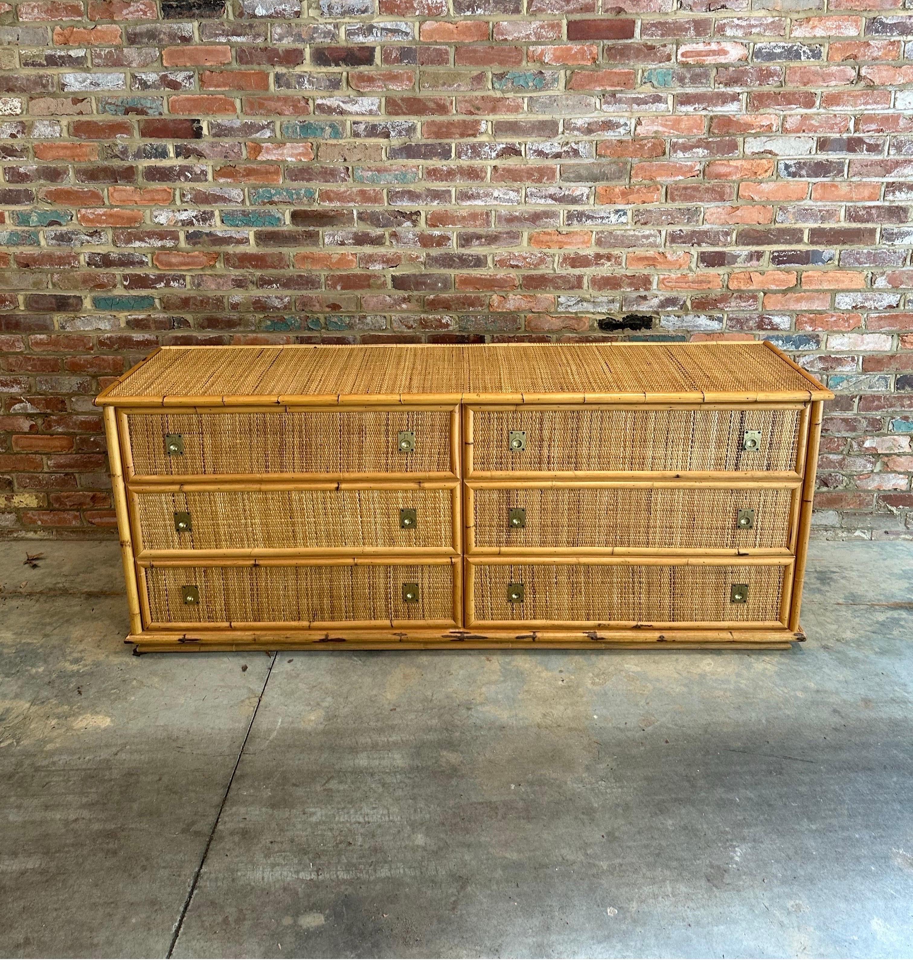 Woven Rattan and Bamboo Dresser with Brass Details from Dal Vera, 1970s 7