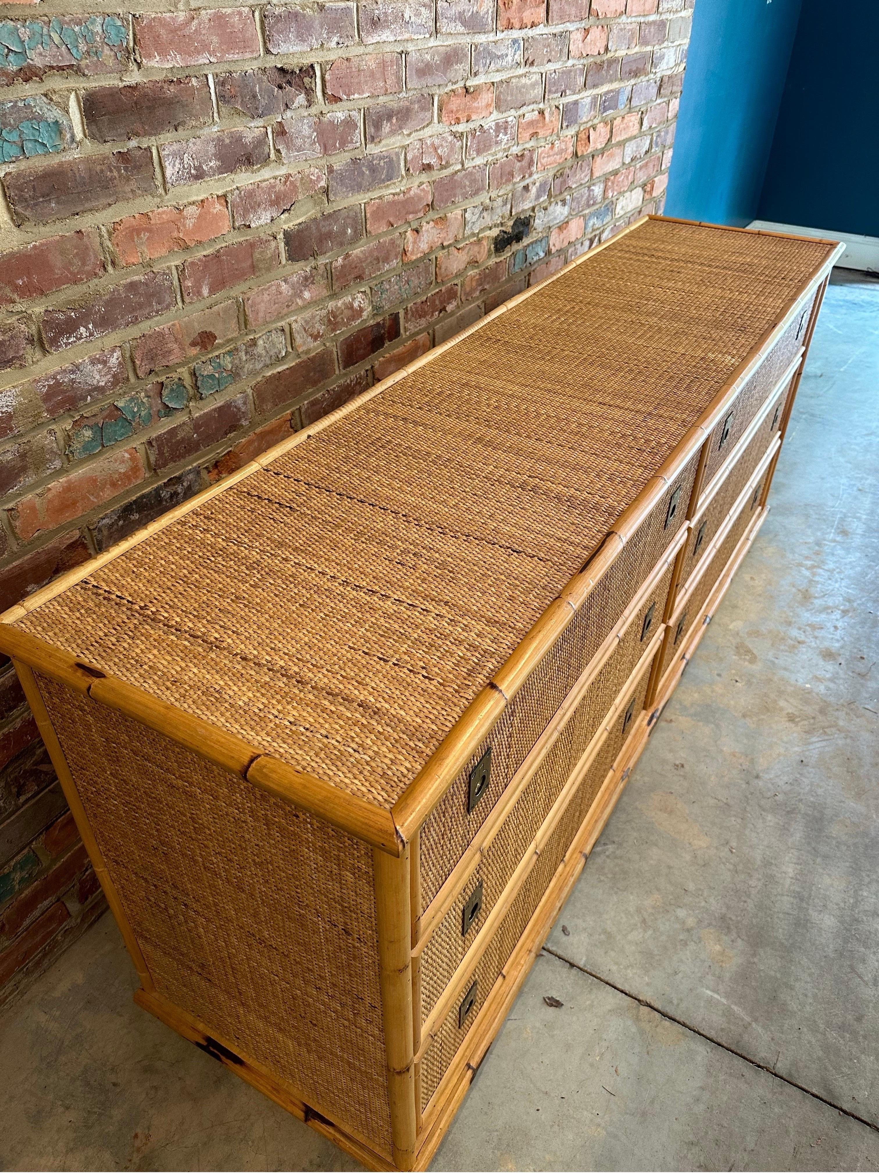 Organic Modern Woven Rattan and Bamboo Dresser with Brass Details from Dal Vera, 1970s