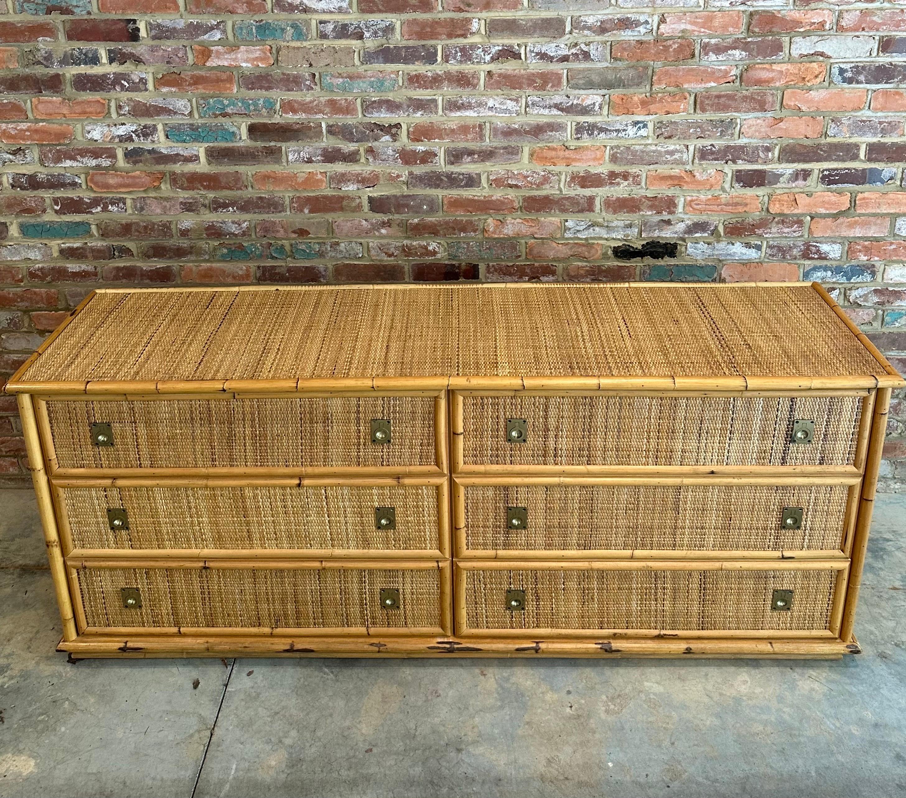 Italian Woven Rattan and Bamboo Dresser with Brass Details from Dal Vera, 1970s