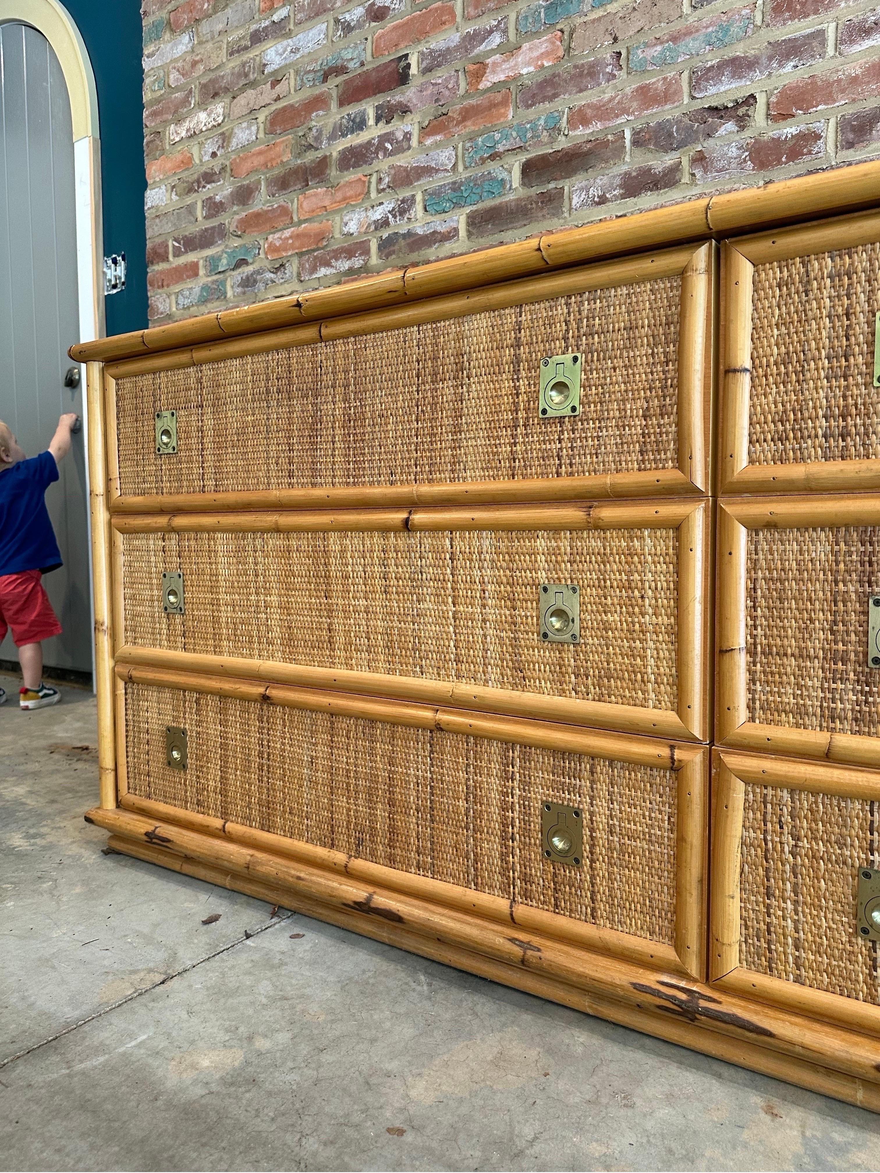 Woven Rattan and Bamboo Dresser with Brass Details from Dal Vera, 1970s 3