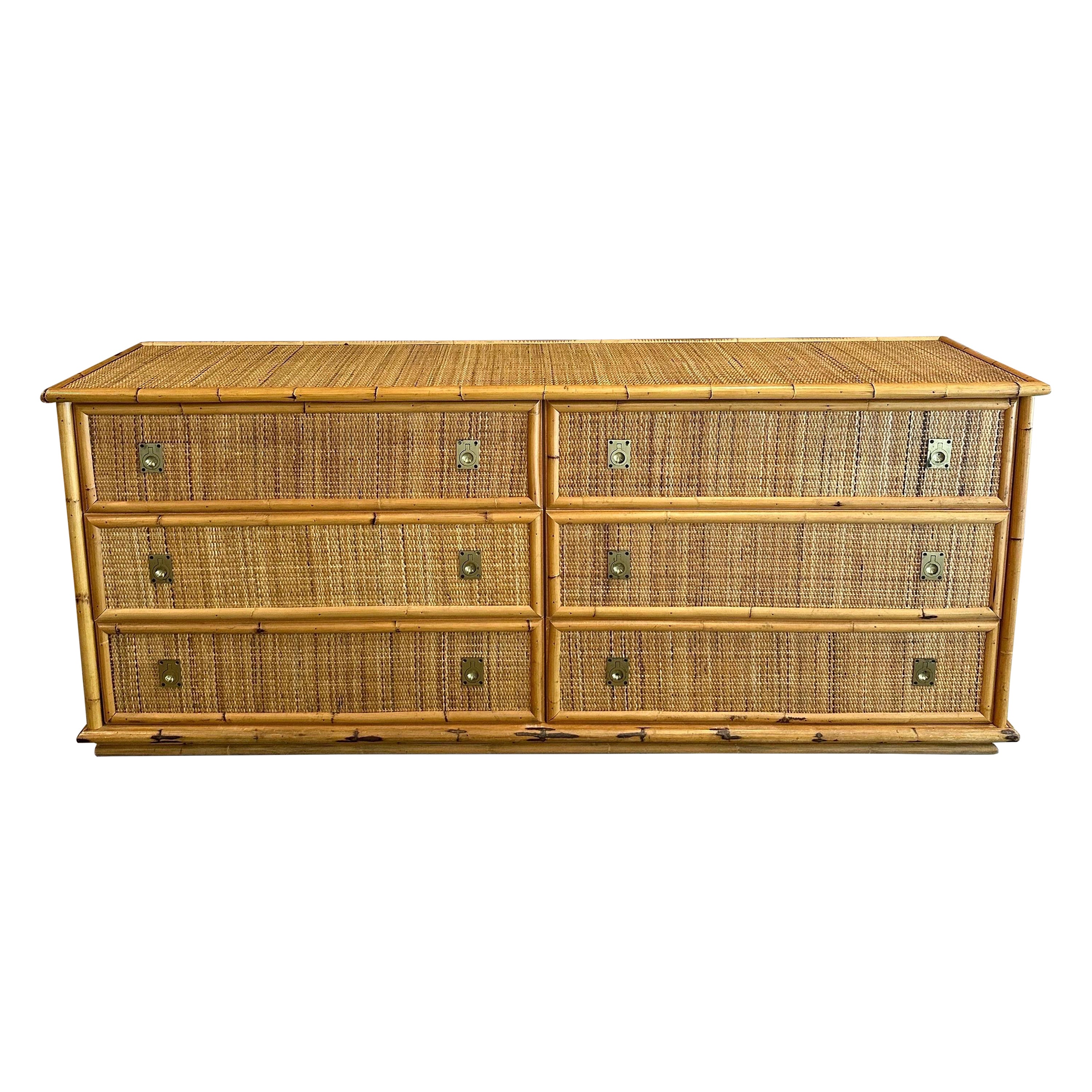 Woven Rattan and Bamboo Dresser with Brass Details from Dal Vera, 1970s