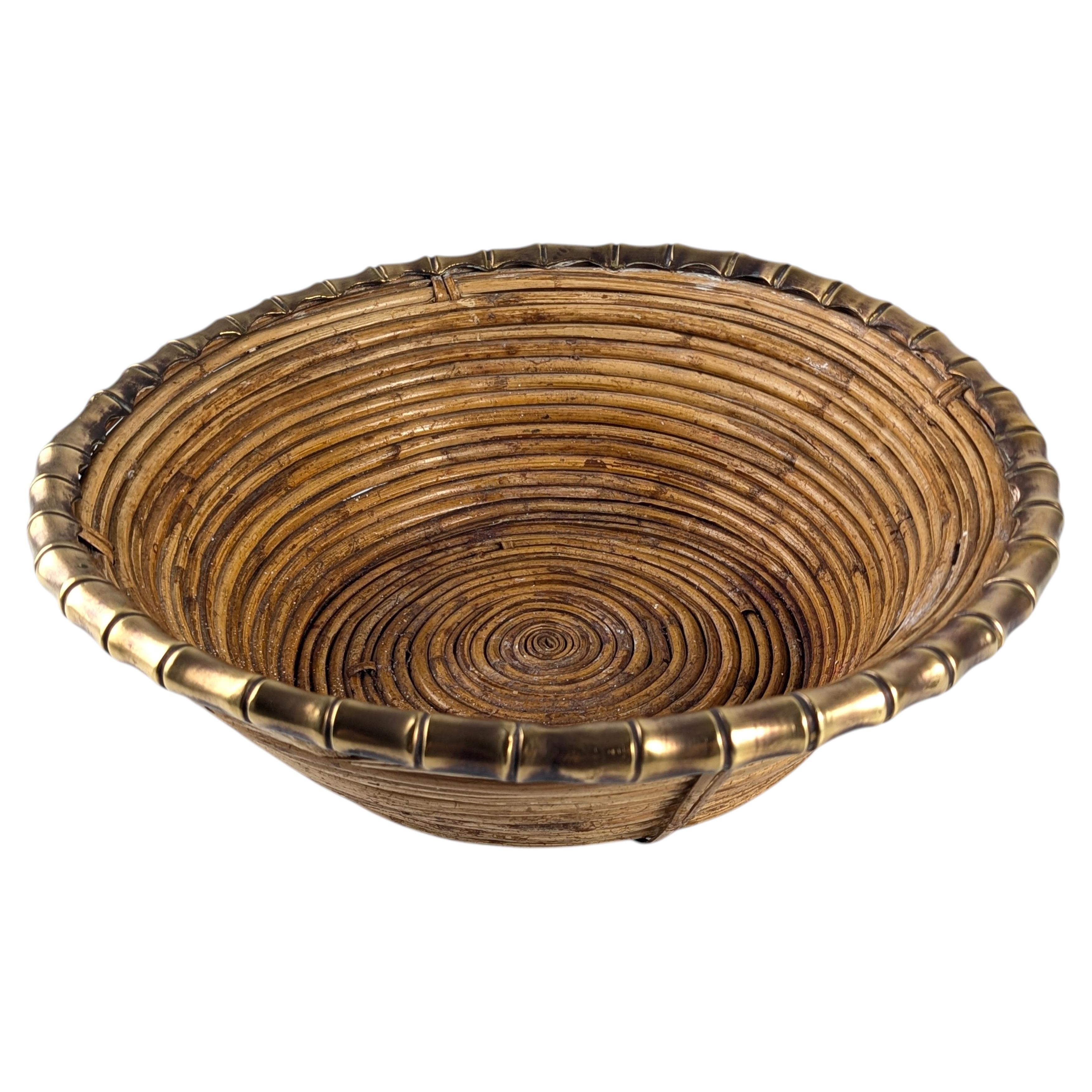Woven Rattan and Brass Centerpiece Bowl, Italy, 1970s