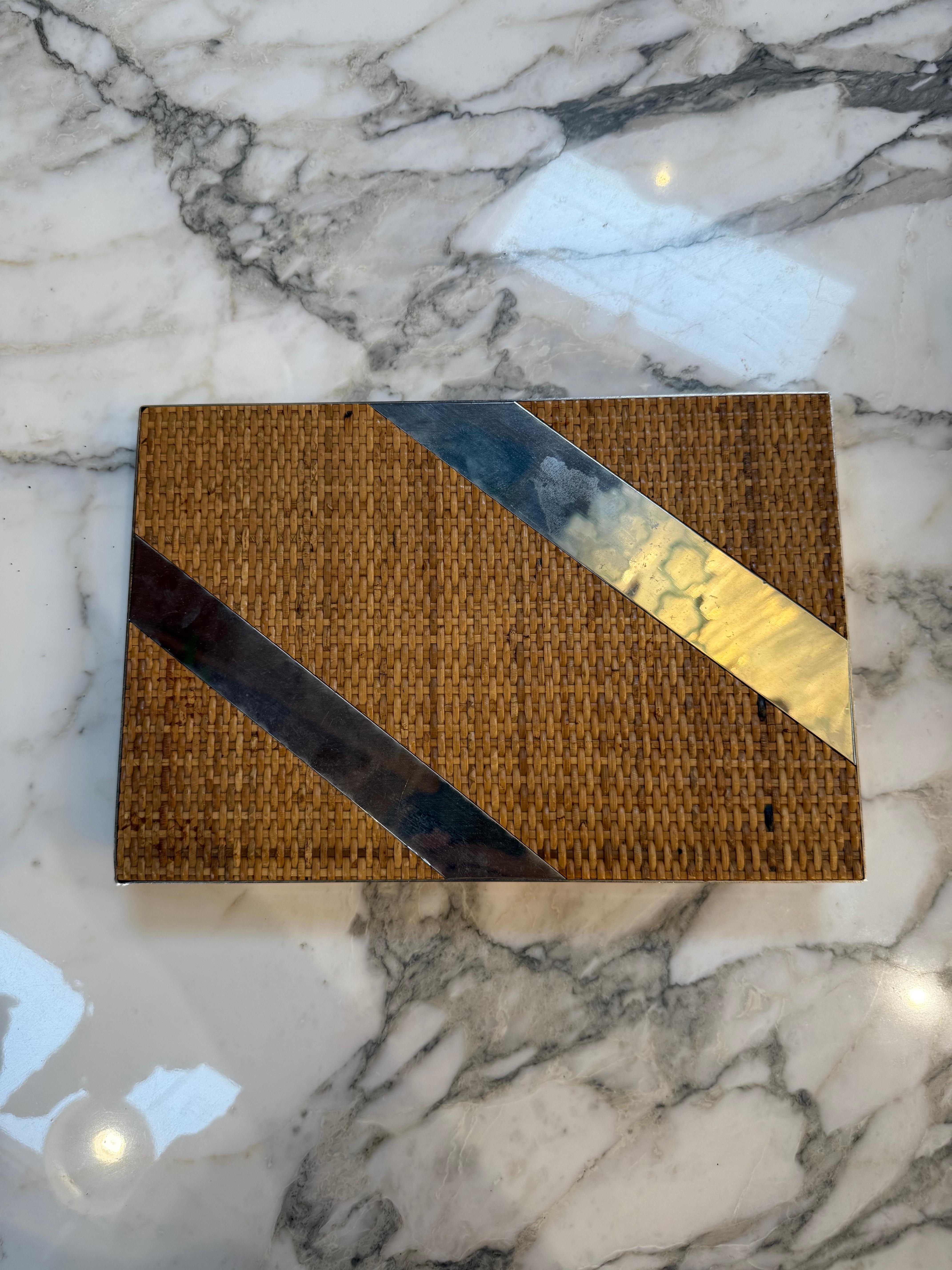 Modern Woven Rattan and Chrome Inlay Box For Sale
