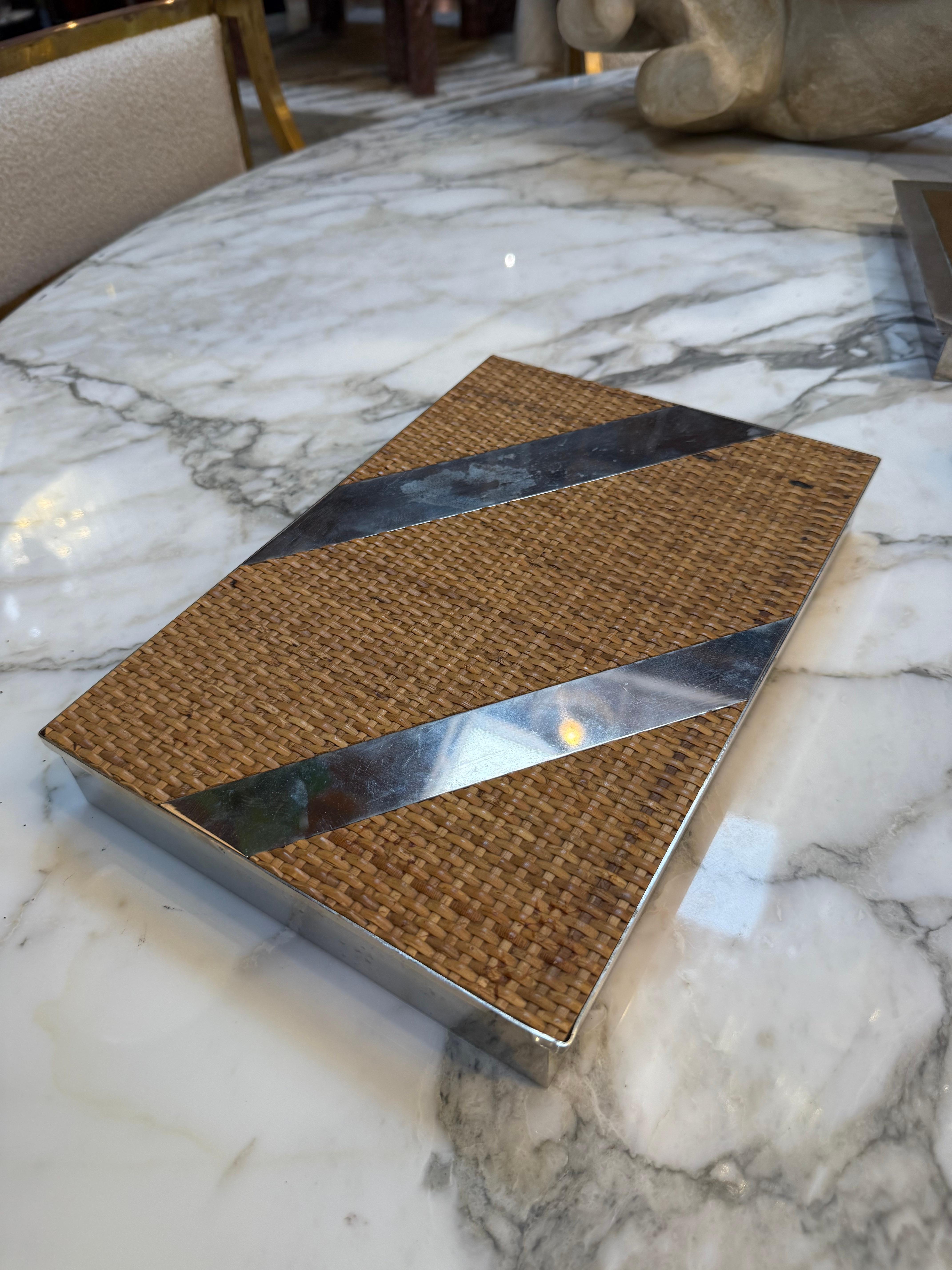 Italian Woven Rattan and Chrome Inlay Box For Sale