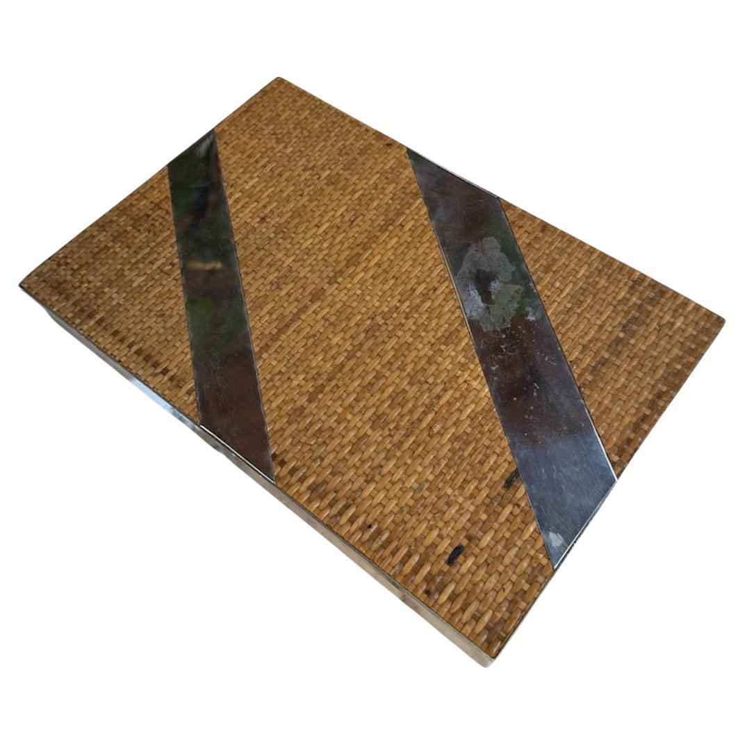 Woven Rattan and Chrome Inlay Box For Sale