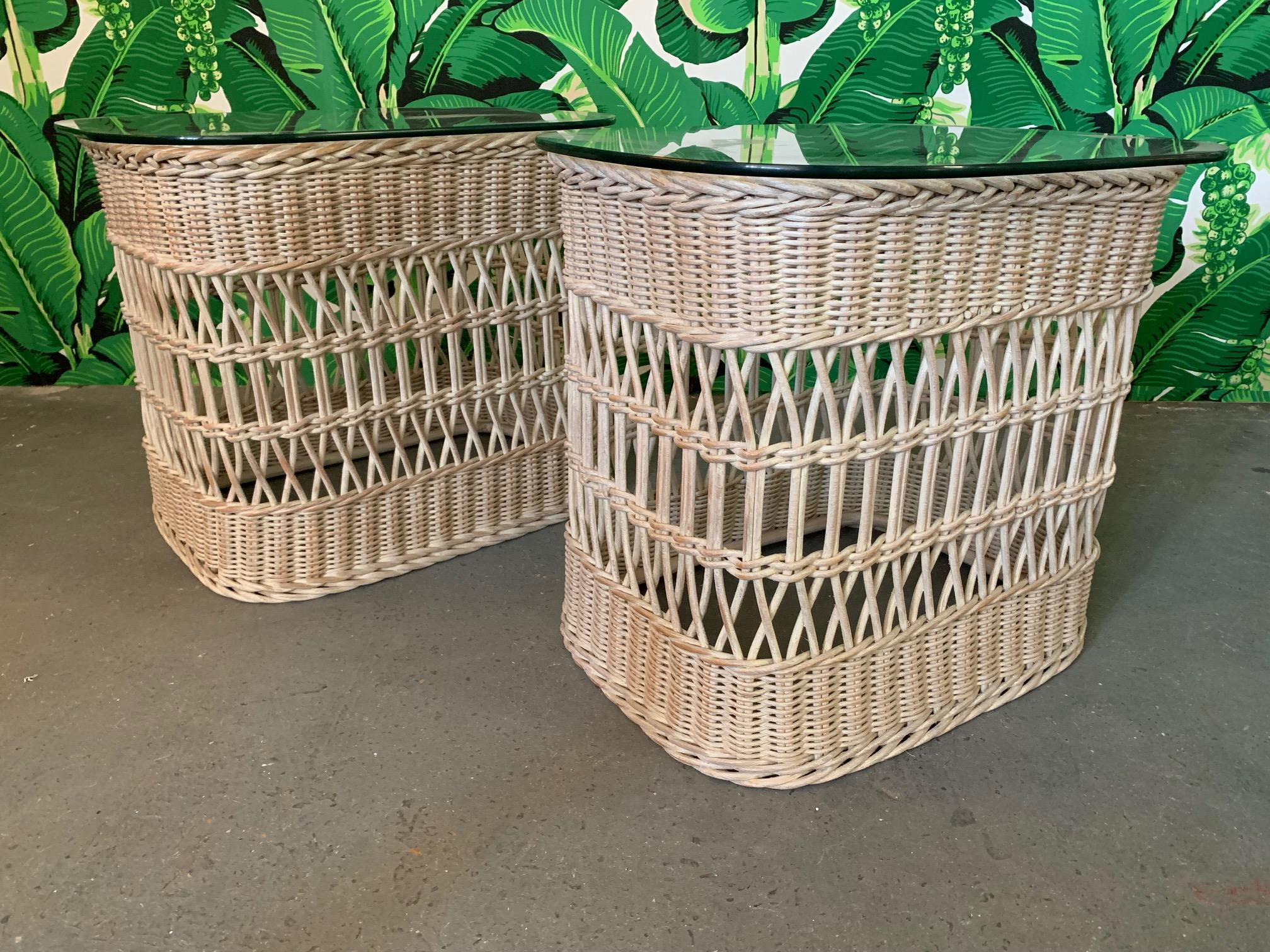 Hollywood Regency Woven Rattan and Wicker End Tables