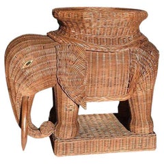 Vintage Woven Rattan and Wicker Wicker Elephant Side Table or Plant Stand, France, 1960s
