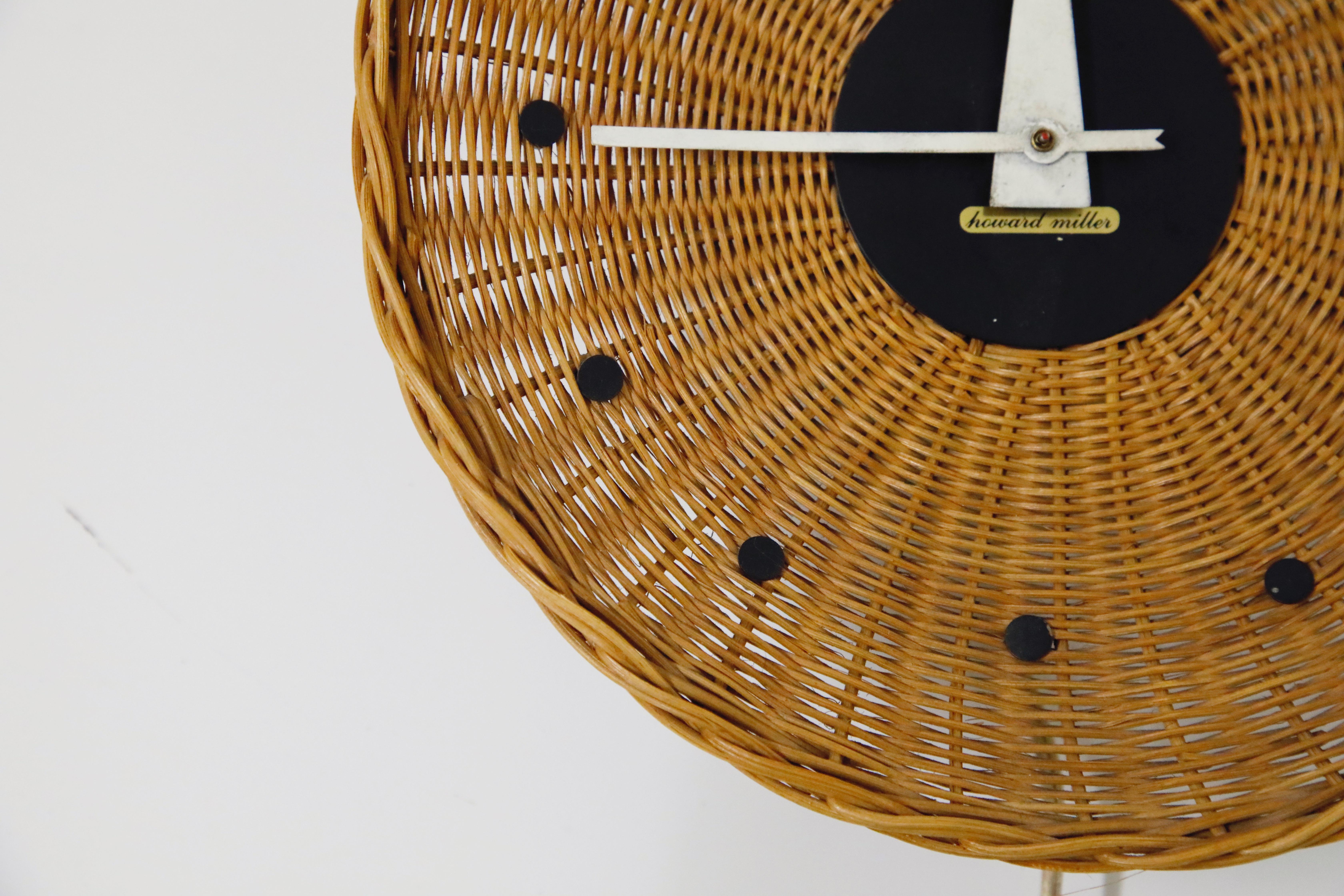 Mid-Century Modern Woven Rattan 'Basket Clock' by George Nelson for Howard Miller, 1950s, Rare