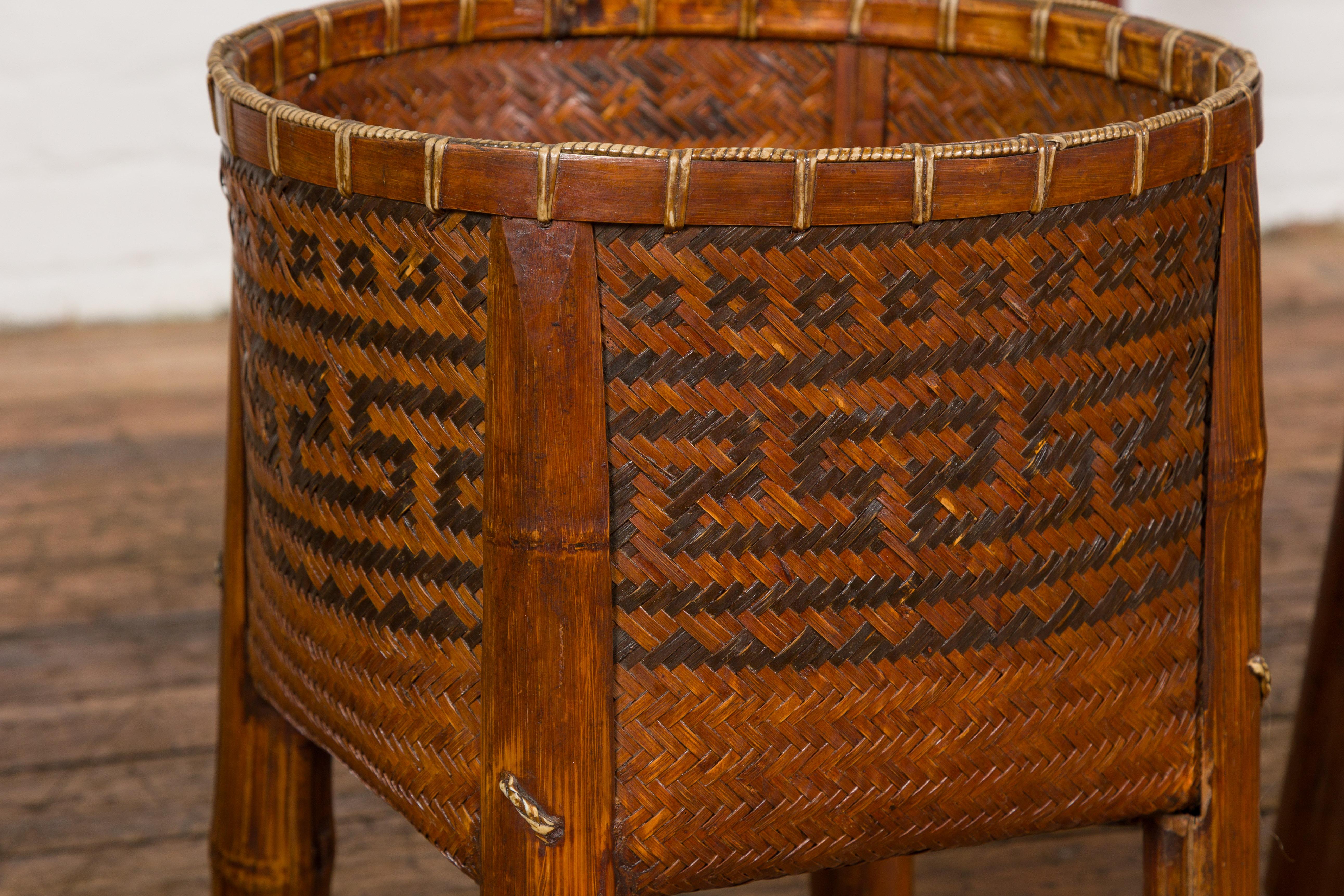 Woven Rattan Baskets on Legs with Greek Key Motifs, Four Pieces Sold Each For Sale 4