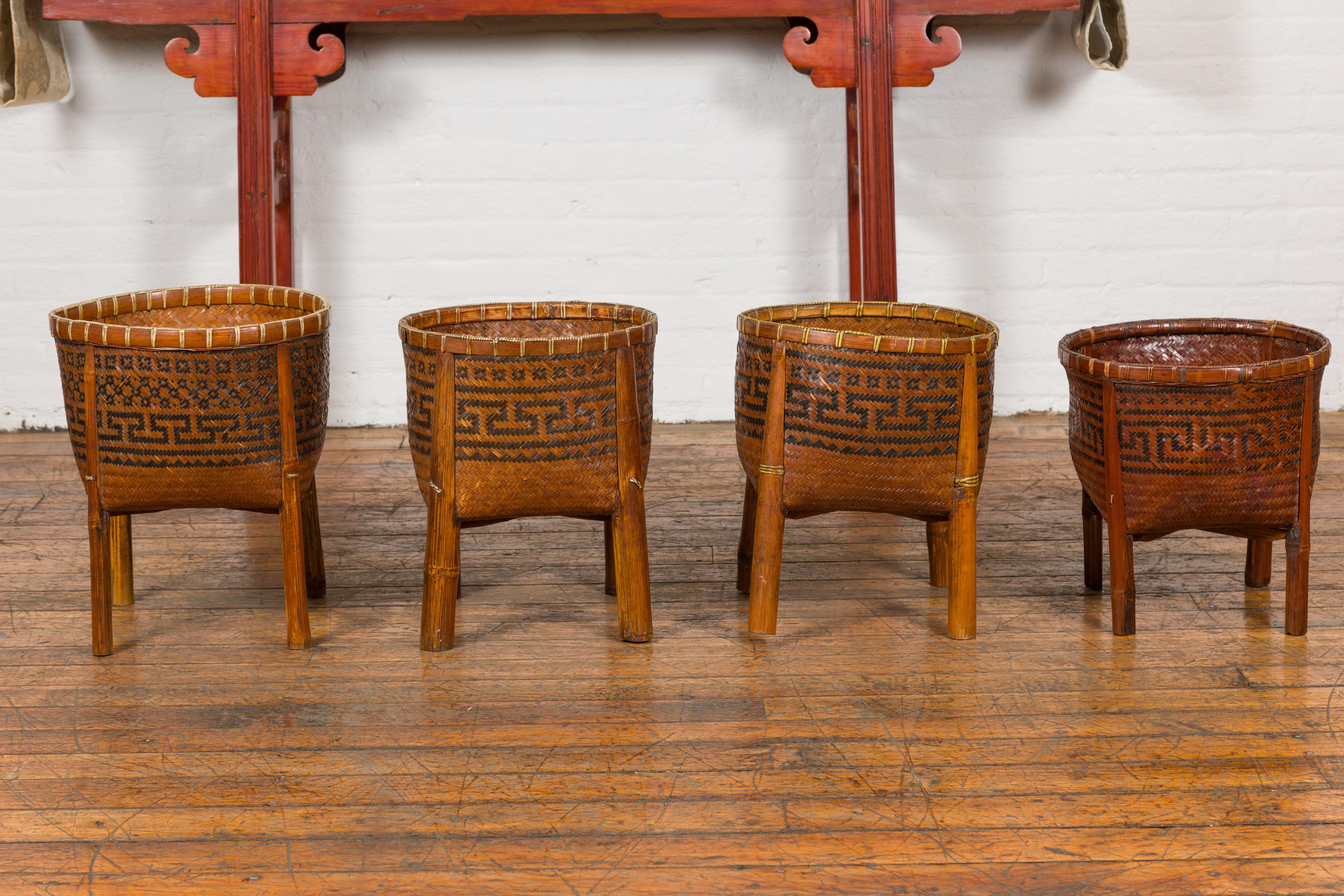 Woven Rattan Baskets on Legs with Greek Key Motifs, Four Pieces Sold Each For Sale 5