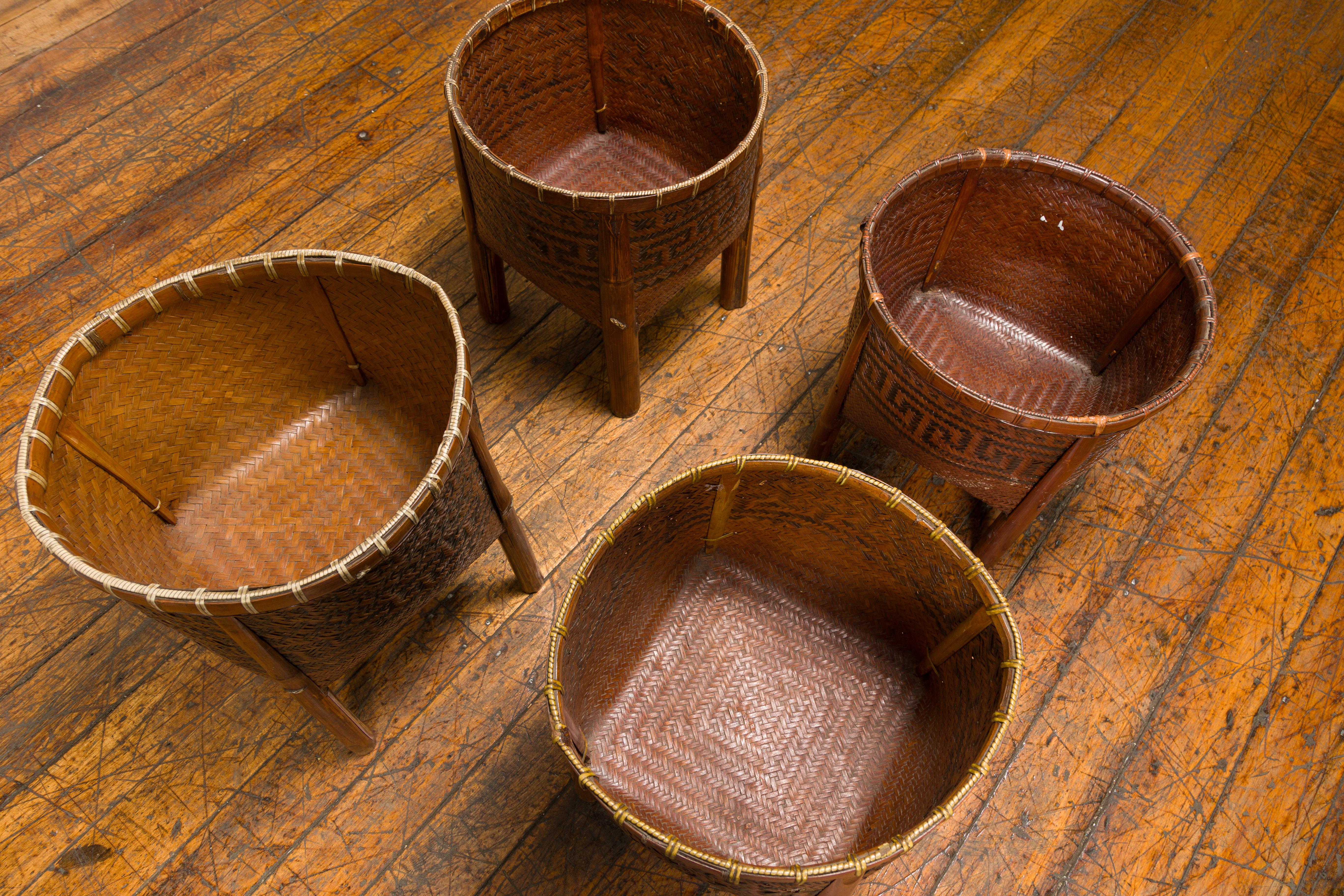Woven Rattan Baskets on Legs with Greek Key Motifs, Four Pieces Sold Each For Sale 8
