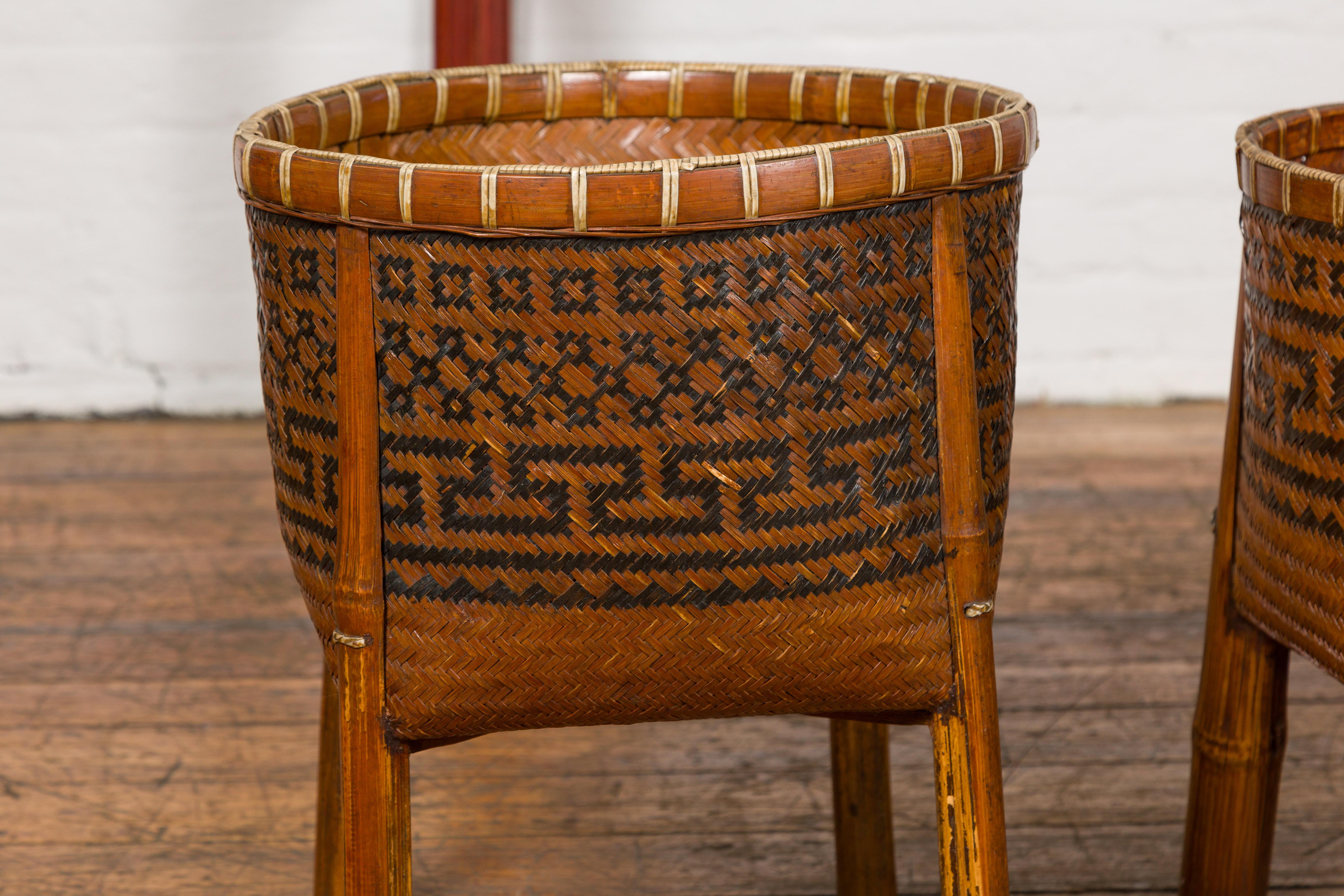 Woven Rattan Baskets on Legs with Greek Key Motifs, Four Pieces Sold Each For Sale 1