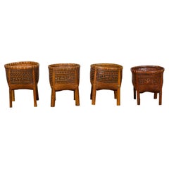 Vintage Woven Rattan Baskets on Legs with Greek Key Motifs, Four Pieces Sold Each