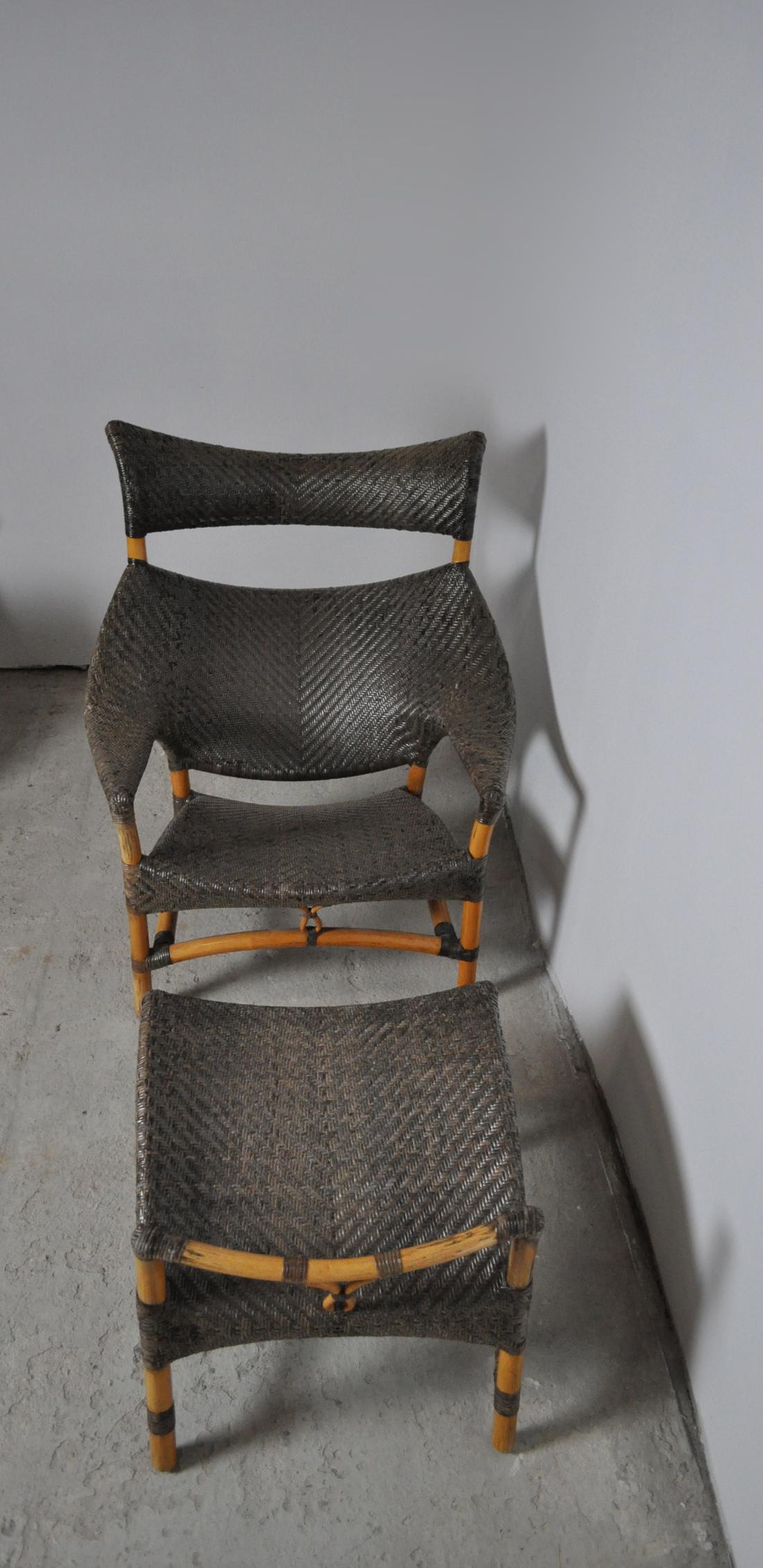20th Century Woven Rattan Chair and Stool by Yuzuru Yamakawa