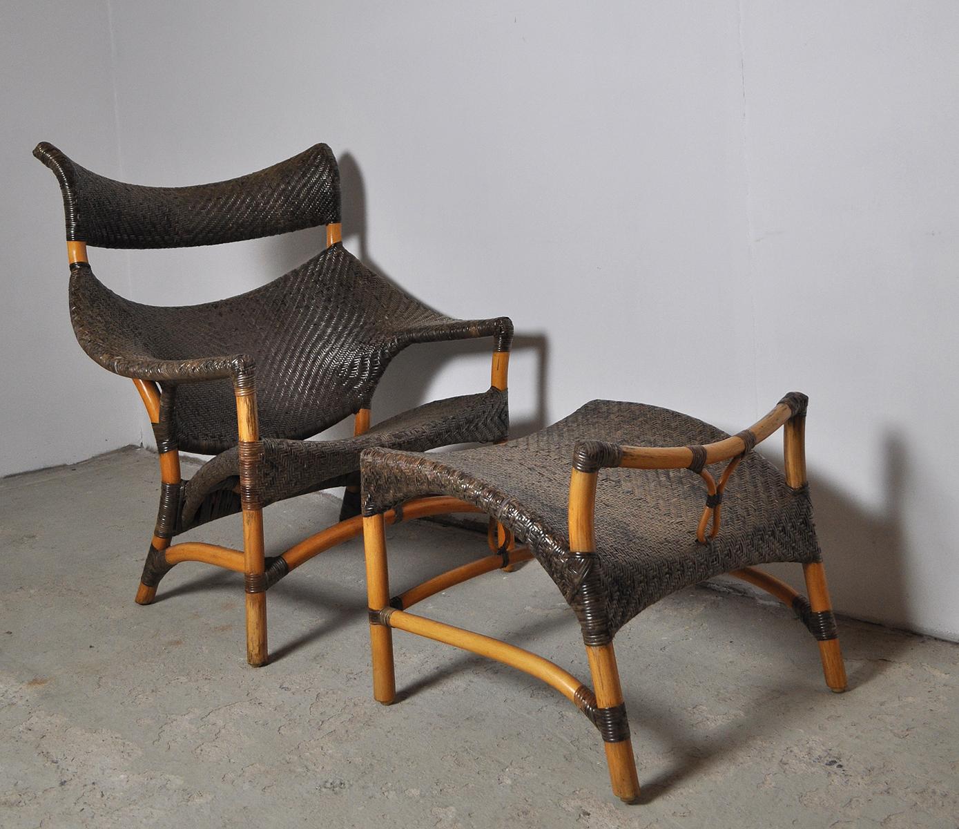 Beautiful and functional ergonomic woven rattan chair and stool. Designed by Yuzuru Yamakawa who shows his passion for the material and his life long work with designs in rattan. 

Good vintage condition, signs of wear consistent with age