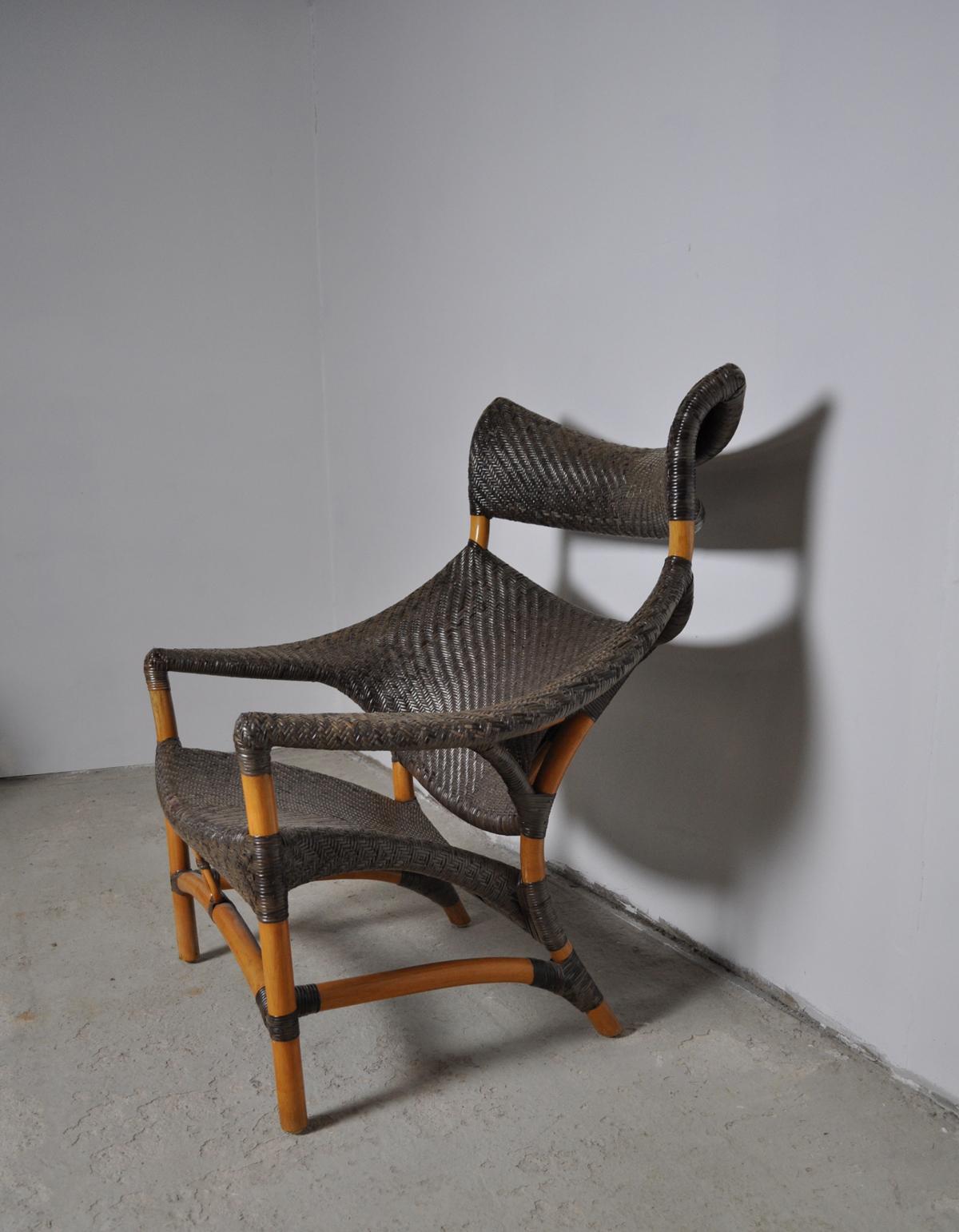Japanese Woven Rattan Chair and Stool by Yuzuru Yamakawa