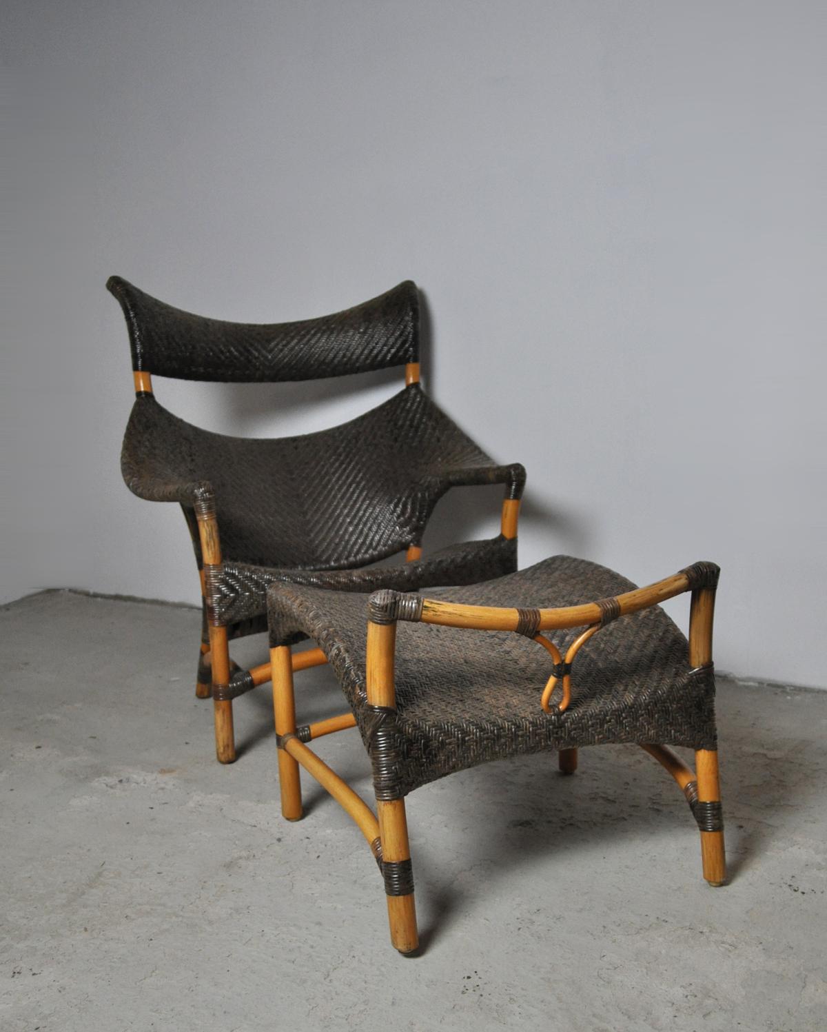 Lacquered Woven Rattan Chair and Stool by Yuzuru Yamakawa