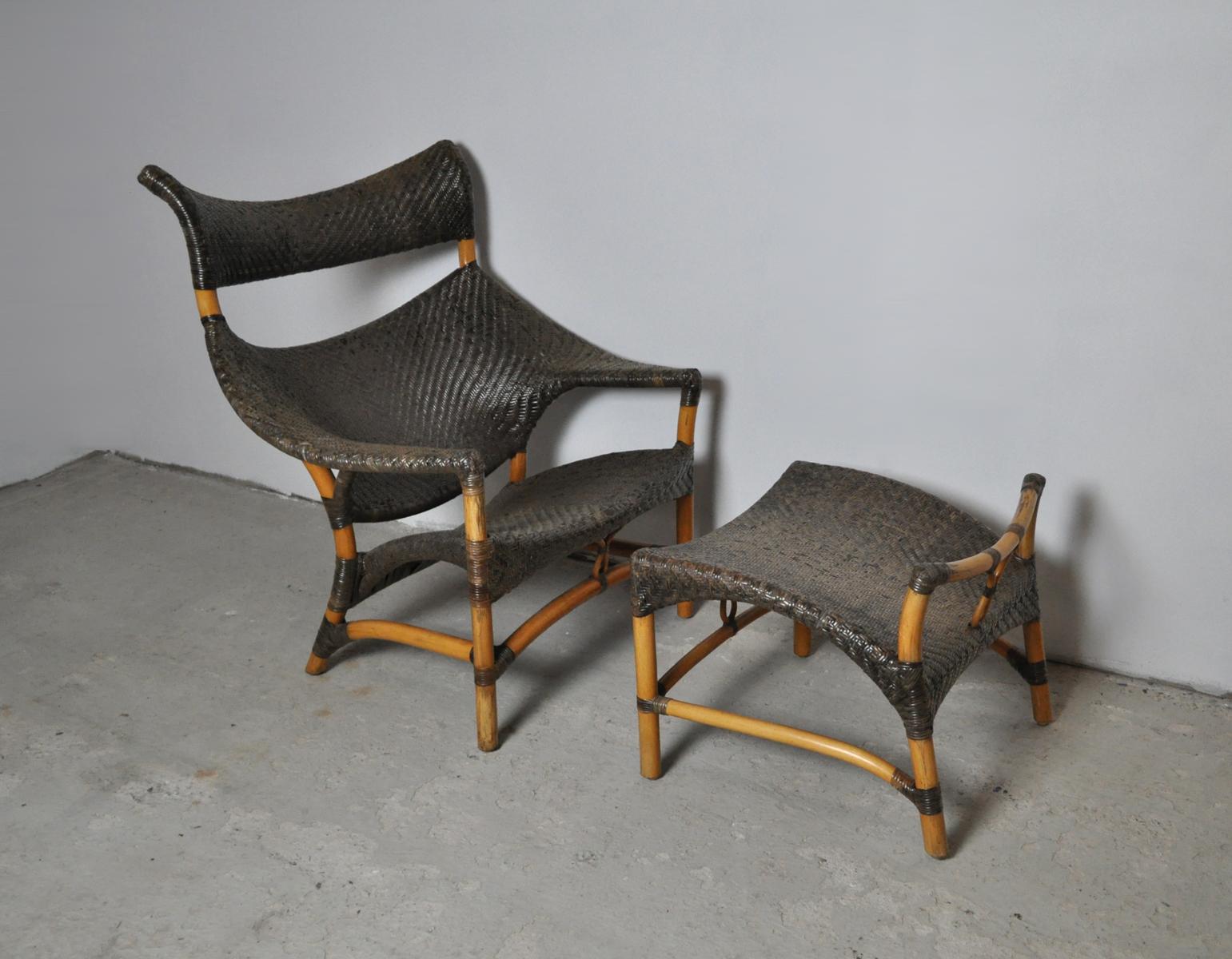 Woven Rattan Chair and Stool by Yuzuru Yamakawa In Good Condition In Vordingborg, DK