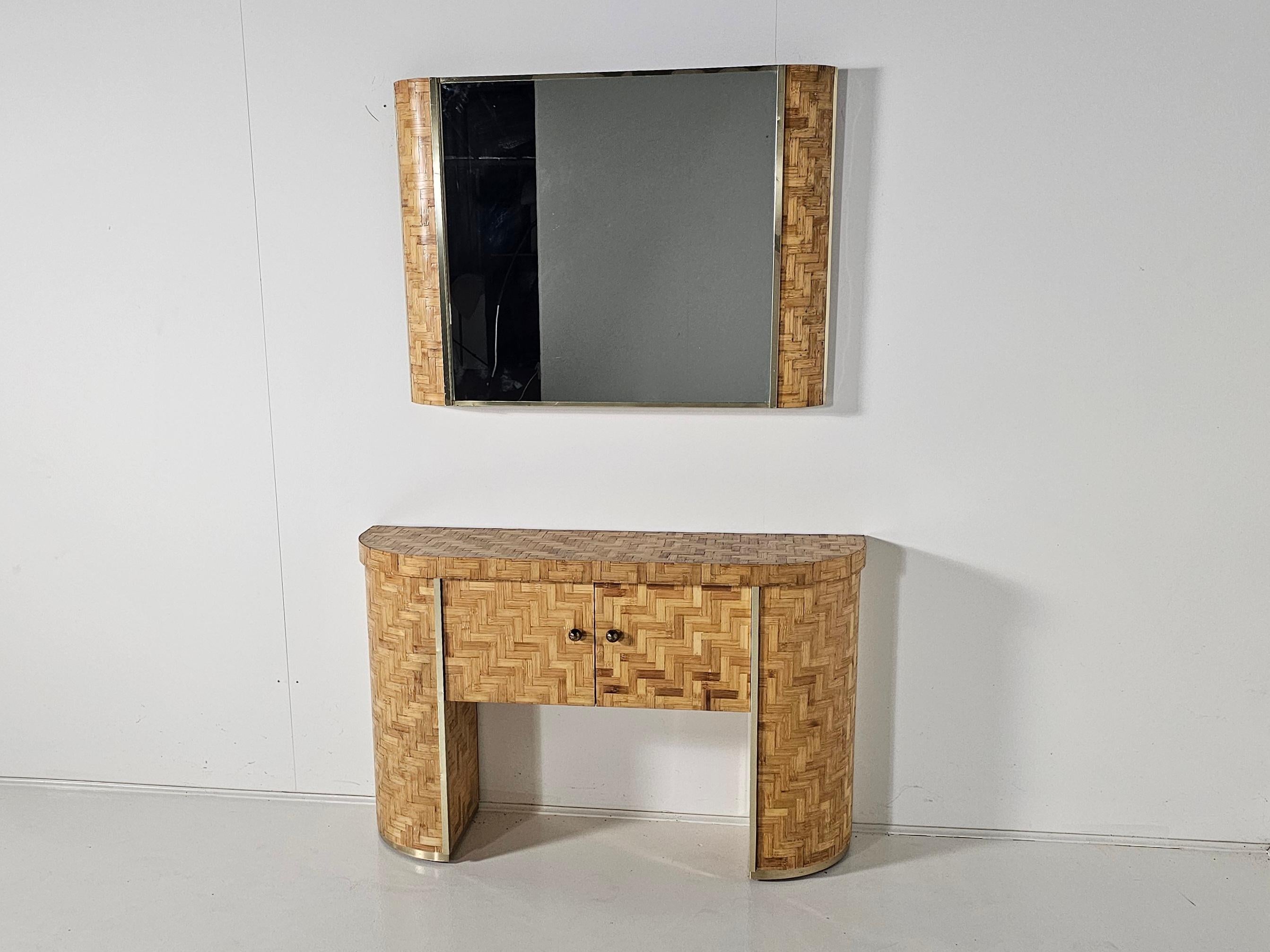 Hollywood Regency Woven Rattan Console/Vanity table with matching mirror, Italy, 1970s