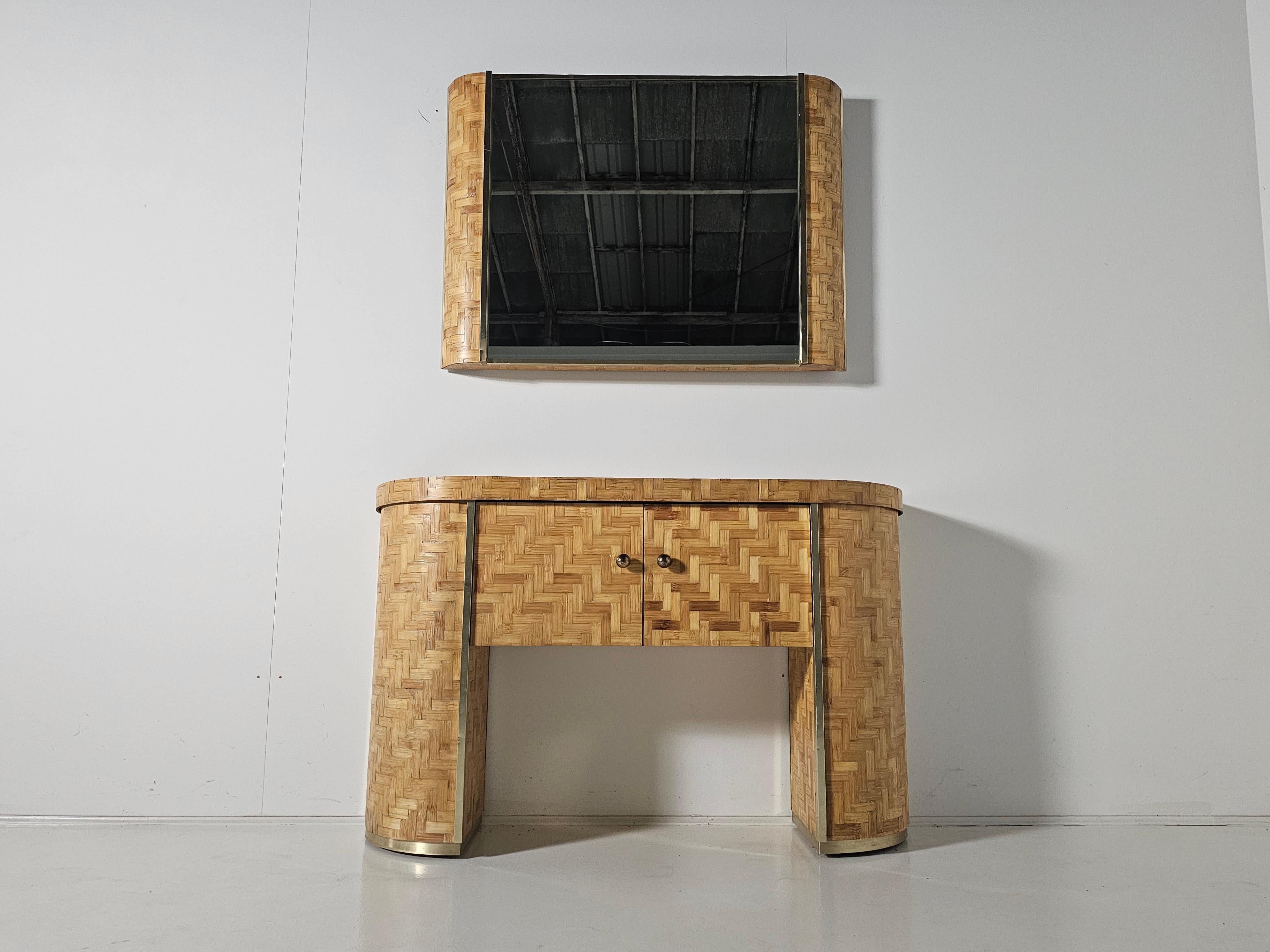 Italian Woven Rattan Console/Vanity table with matching mirror, Italy, 1970s