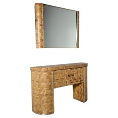 Woven Rattan Console/Vanity table with matching mirror, Italy, 1970s