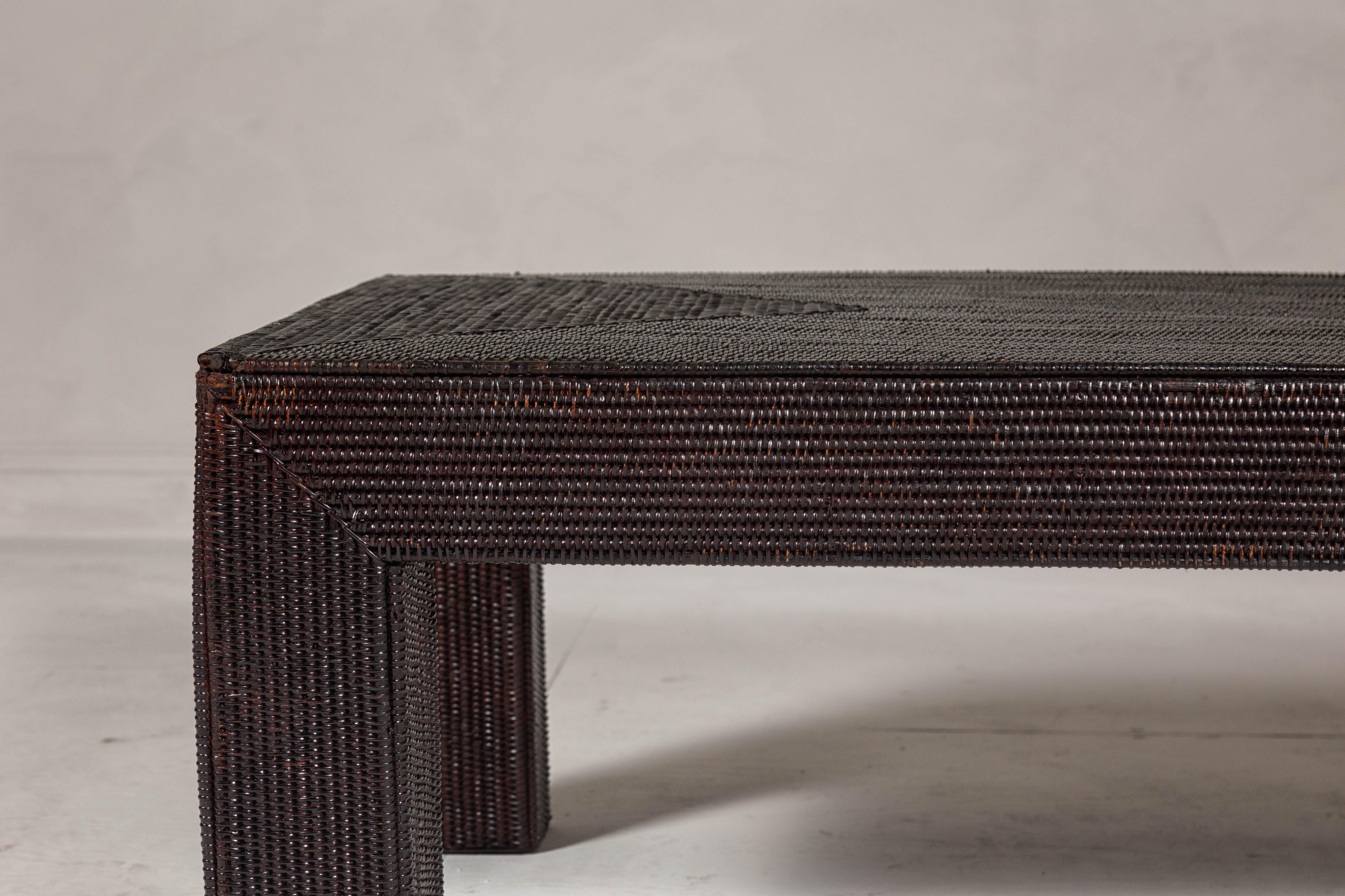 20th Century Woven Rattan Country Style Parsons Legs Coffee Table with Dark Brown Finish