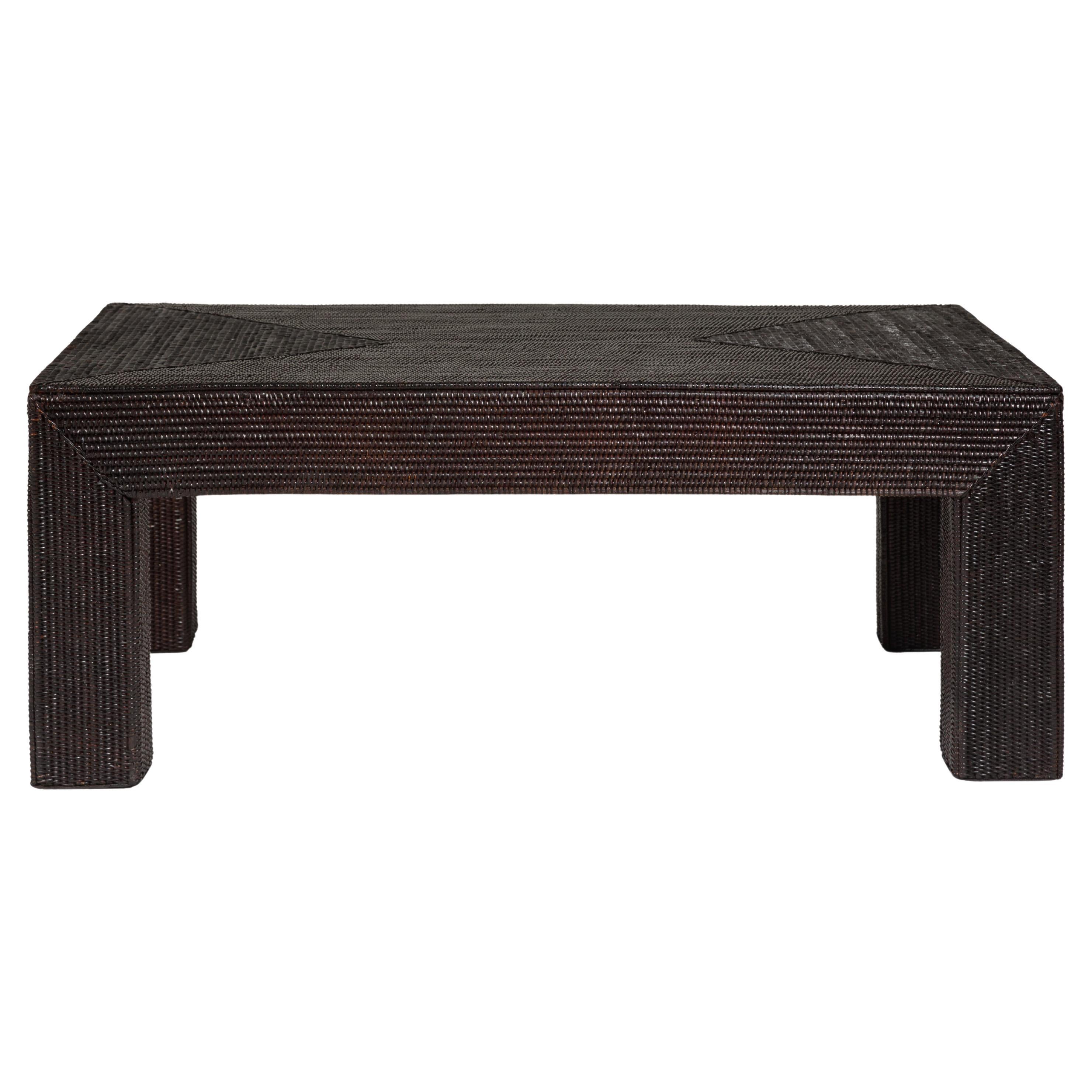 Woven Rattan Country Style Parsons Legs Coffee Table with Dark Brown Finish