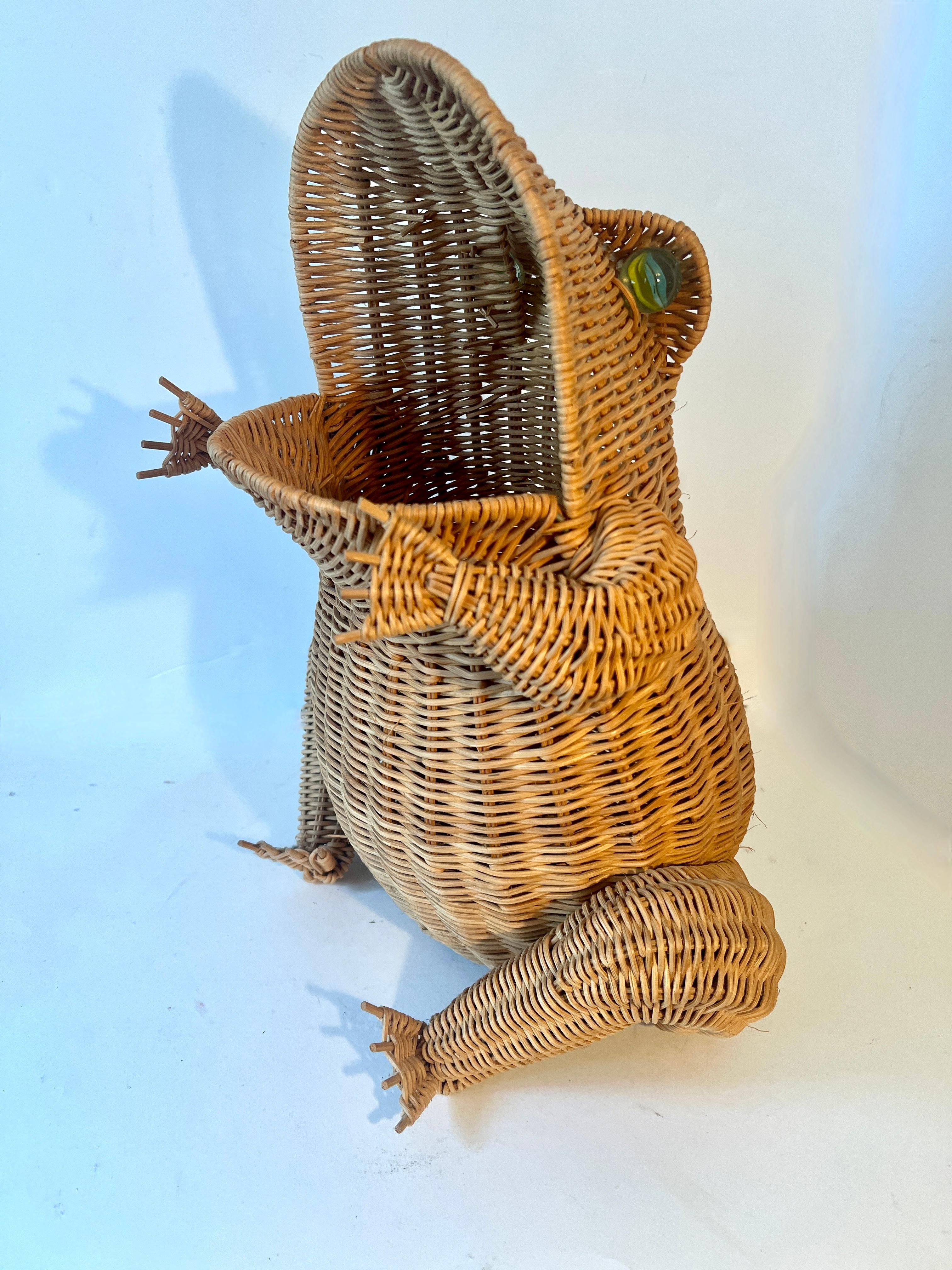 Mid-Century Modern Woven Rattan Frog Basket with Marble Eyes After Mario Lopez Torres